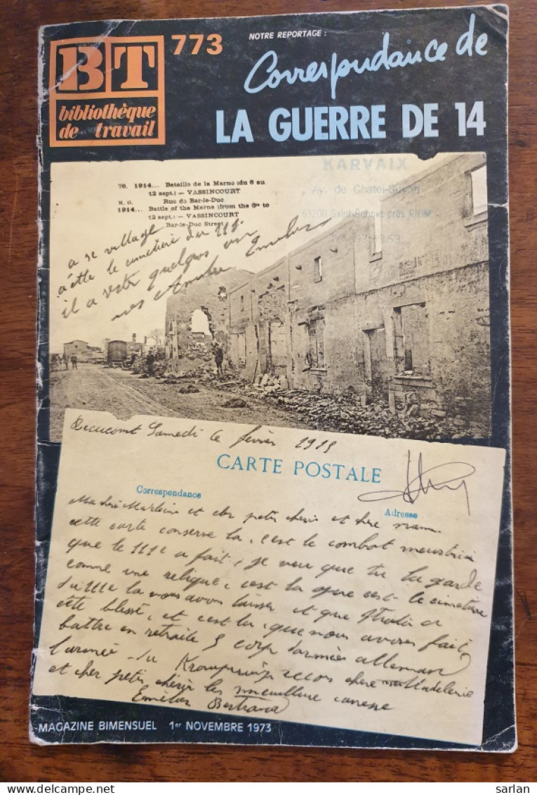 BT , Bibliotheque De Travail 1973 , Correspondance De La Guerre De 14 - France