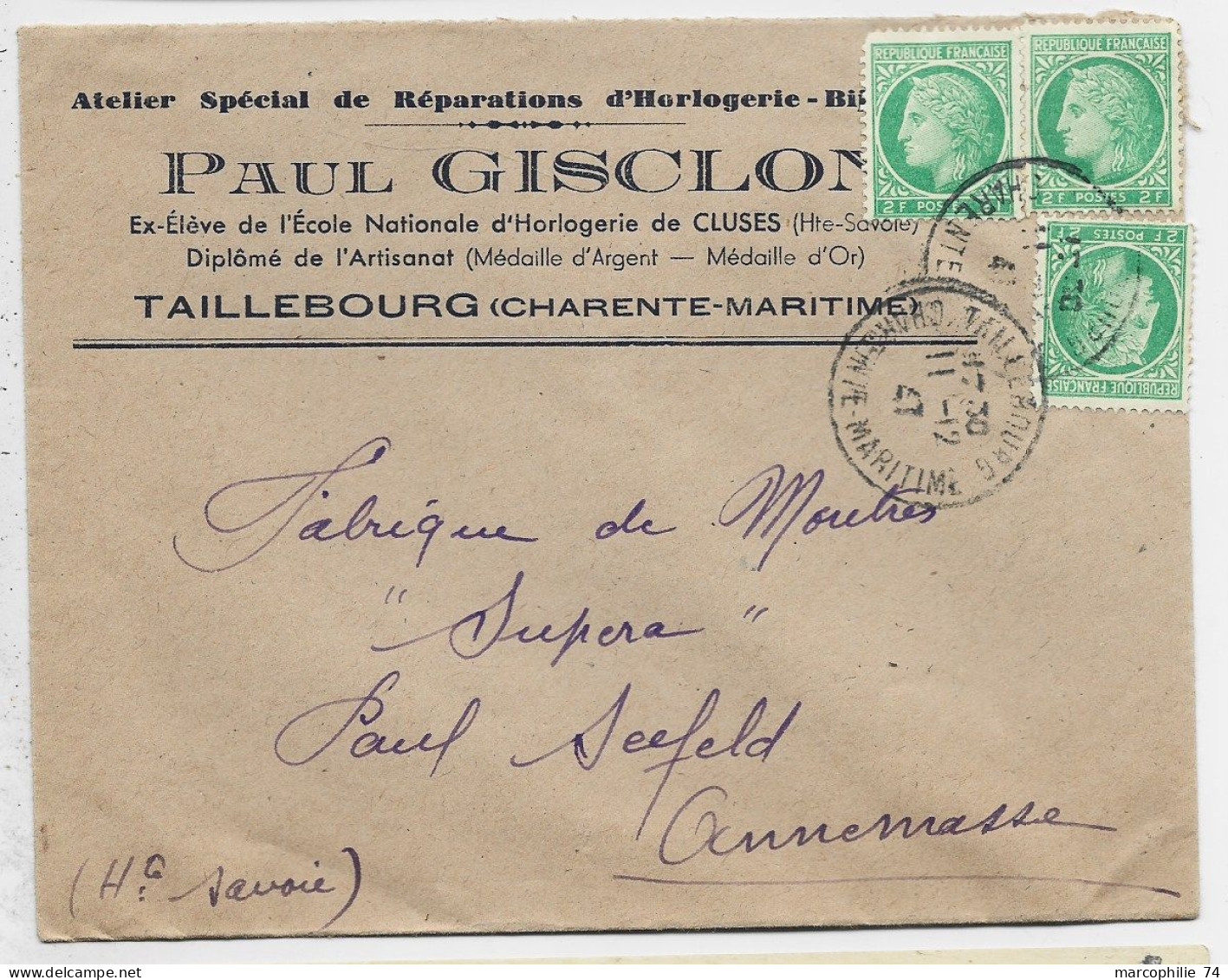 MAZELIN 2FRX3 LETTRE ENTETE HORLOGERIE TAILLEBOURG CHARENTE MARITIME 11.12.1947 - 1945-47 Cérès De Mazelin