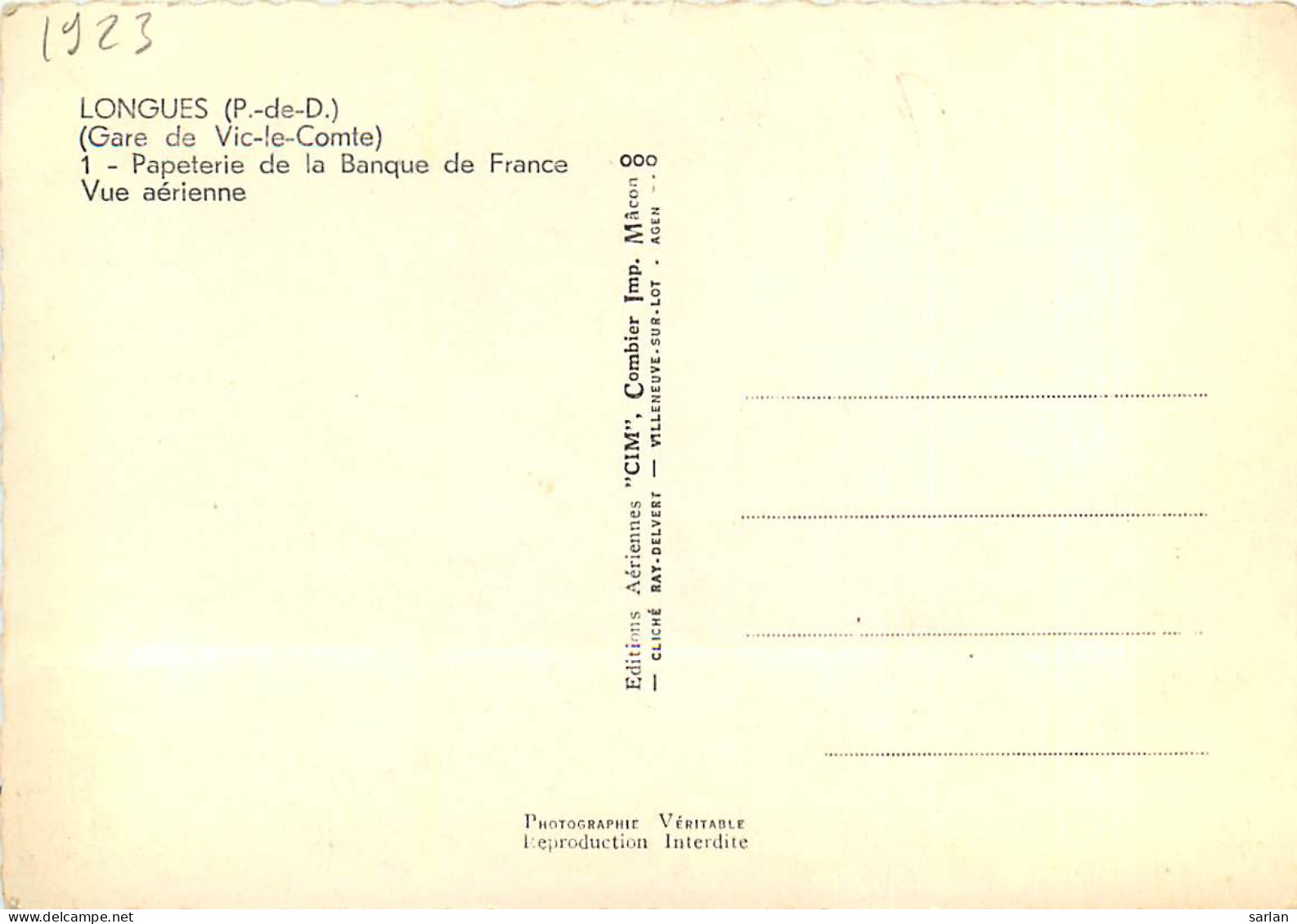 63 , LONGUES , Papeterie Banque De France , * M 19 23 - Vic Le Comte