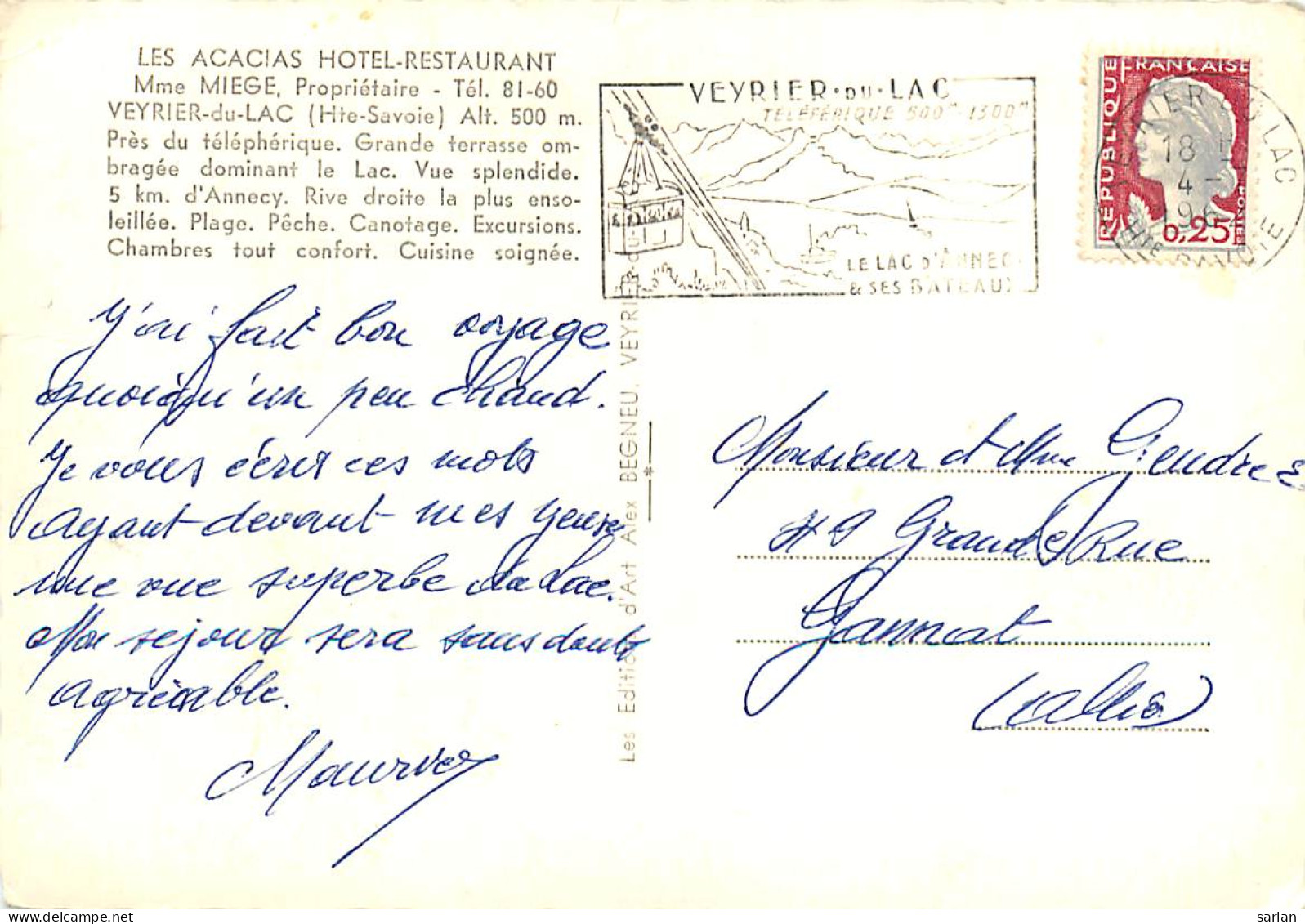 74 , VEYRIER-DU-LAC , Hotel Restaurant Les Acacias , Mme Miege , * M 23 57 - Veyrier