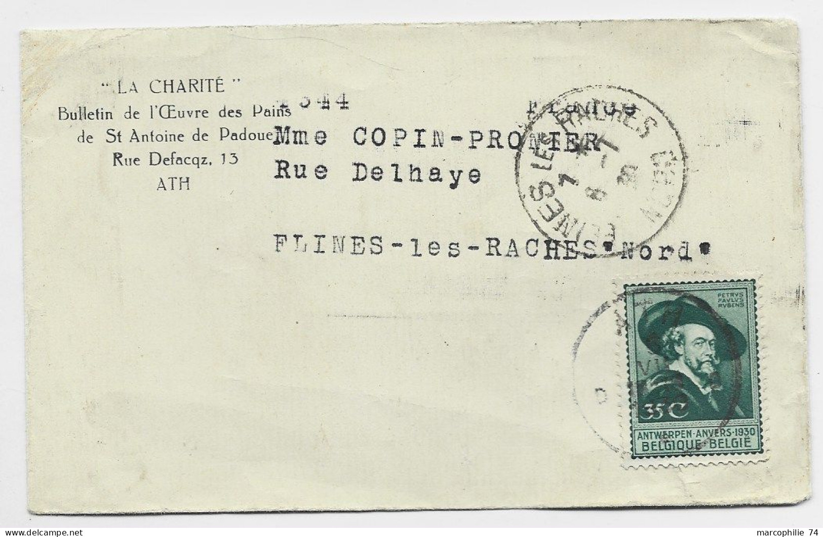 BELGIQUE 35C SOLO LETTRE COVER ATH 8.7.1930 POUR FLINES NORD FRANCE - 1929-1941 Gran Montenez