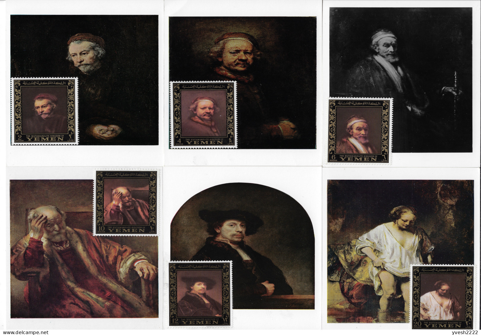 Royaume Du Yémen 1967 Michel 278 à 283 Sur Cartes. Peinture De Rembrandt.  Portraits Et Autoportraits - Rembrandt