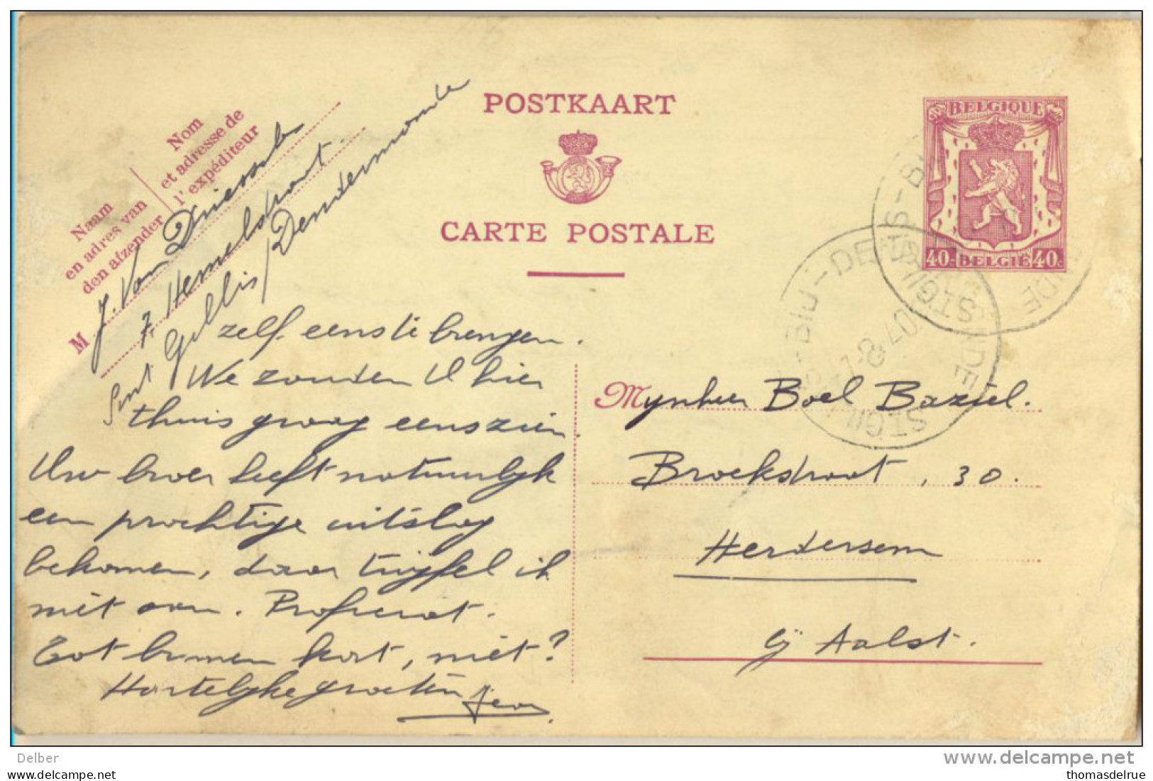 1p-297: 40ct POSTKAART / Carte Postale: ST-GILLES-BIJ-DENDERMONDE > Herdersom Bij Aalst: -7-8-40 - Postkarten 1934-1951