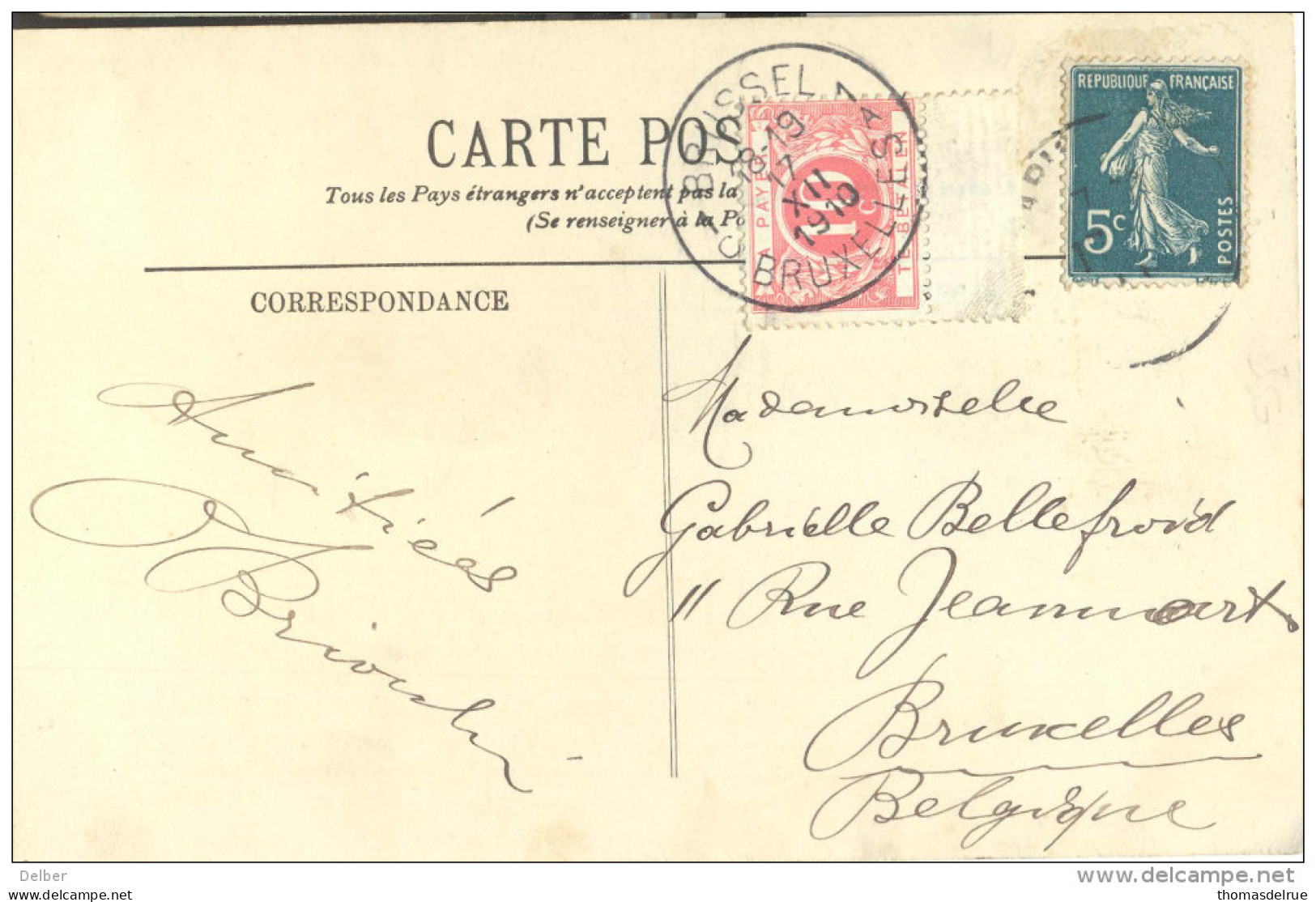_5Tx936 TX5: S1C BRUSSEL 1A BRUXELLES 1910 : Onvoldoende Gefrankeerde Postkaart: 5ct Semeuse > Bruxelles - Storia Postale