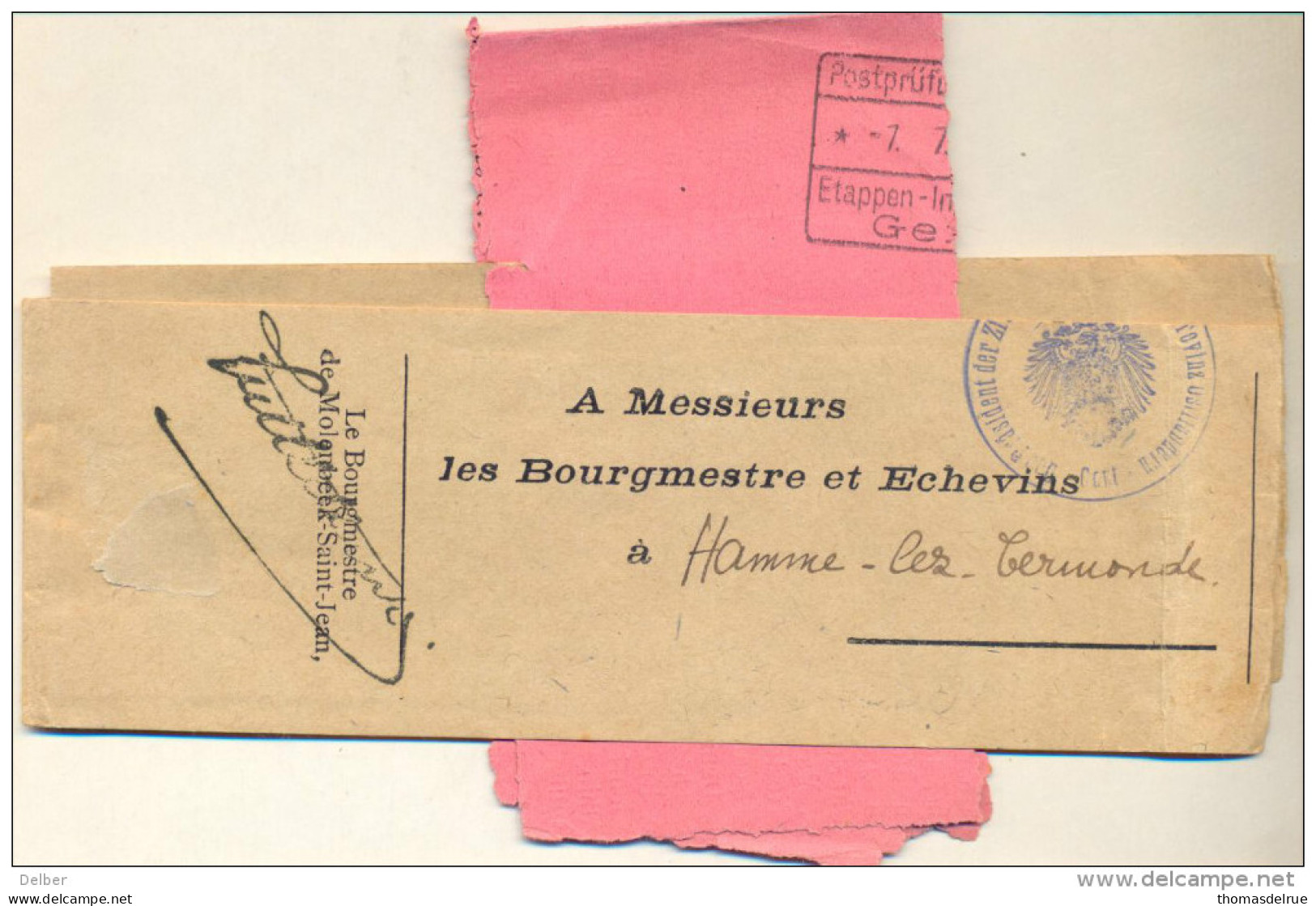 1p136: Drukwerkkruisband: Verstuurd Portvrij: Contreseing: Le Bourgmester De Molenbeek-Saint-J> Hamme-lez-Termonde Via - OC26/37 Etappengebied.