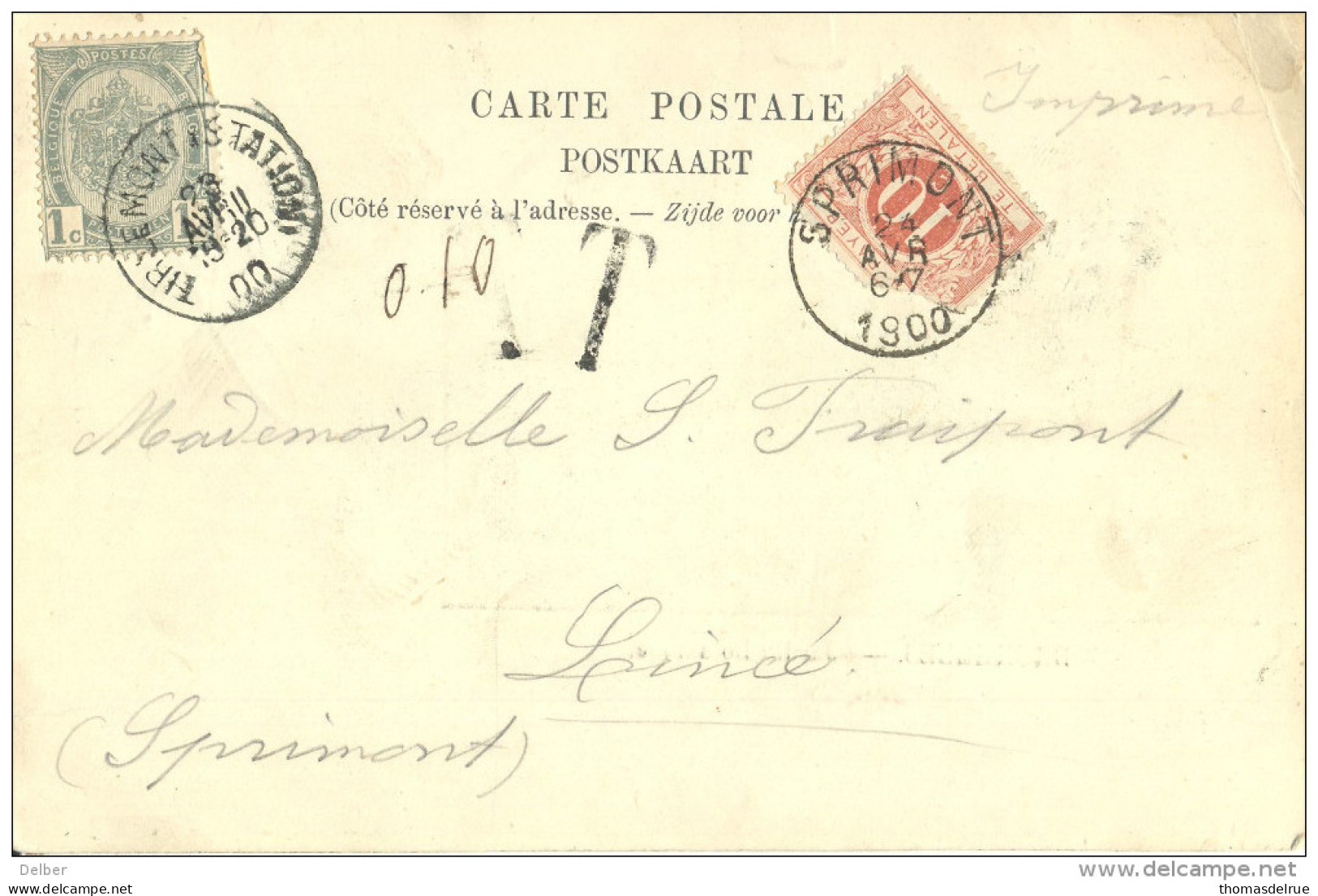 _5Tx945 TX4: SPRIMONT: Onvold.-gefrankeerde Postkaart BRUXELLES-Jardin Botanique:.N° 53-tab: 1ct: Is Tarief Drukwerk - Lettres & Documents