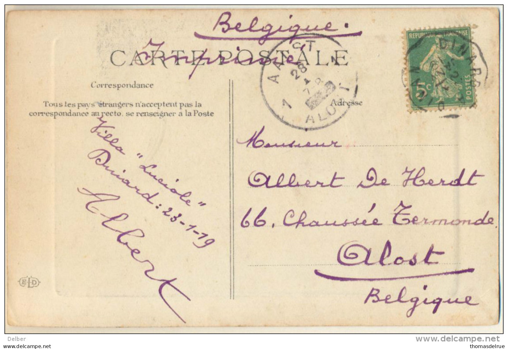 4cp-925: Noodstempel:1 AALST 1 ALOST [_]: Geen Jaartal: 5ct Semeuse: Convoyeur: DINARD à DINAN: En Bretagne: Les Trois - Foruna (1919)