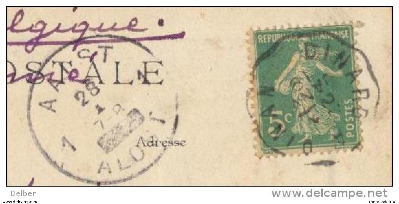 4cp-925: Noodstempel:1 AALST 1 ALOST [_]: Geen Jaartal: 5ct Semeuse: Convoyeur: DINARD à DINAN: En Bretagne: Les Trois - Fortune Cancels (1919)