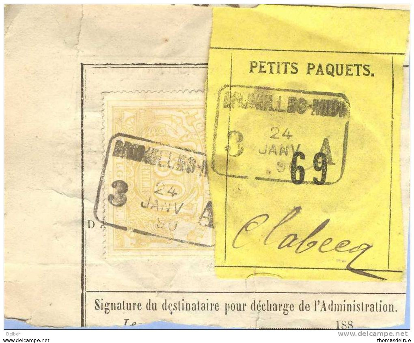 _V858: BRUXELLES-MIDI 3 __A  24 JANV 90 >  Clabecq: SP12/ Fragment Met  " étiquette " : PETITS PAQUETS:69: - Documenti & Frammenti