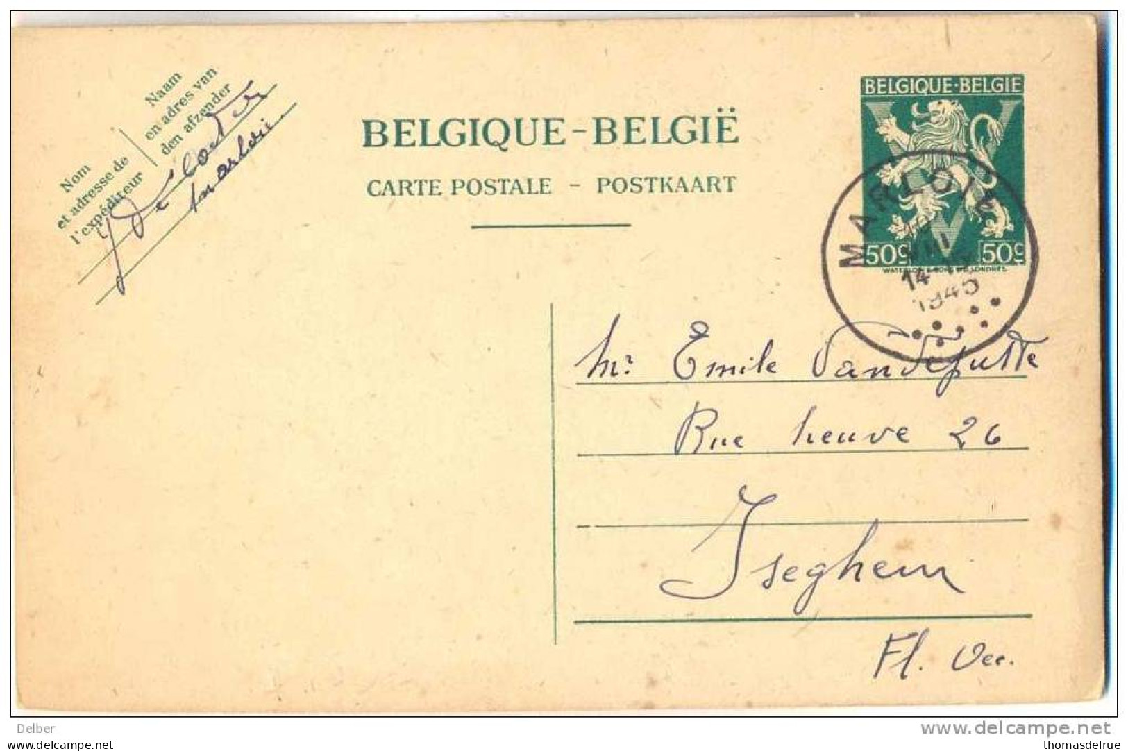 _G128: BELGIIQUE-BELIË: 50ct MARLOIE 1945 > Iseghem - Briefkaarten 1934-1951