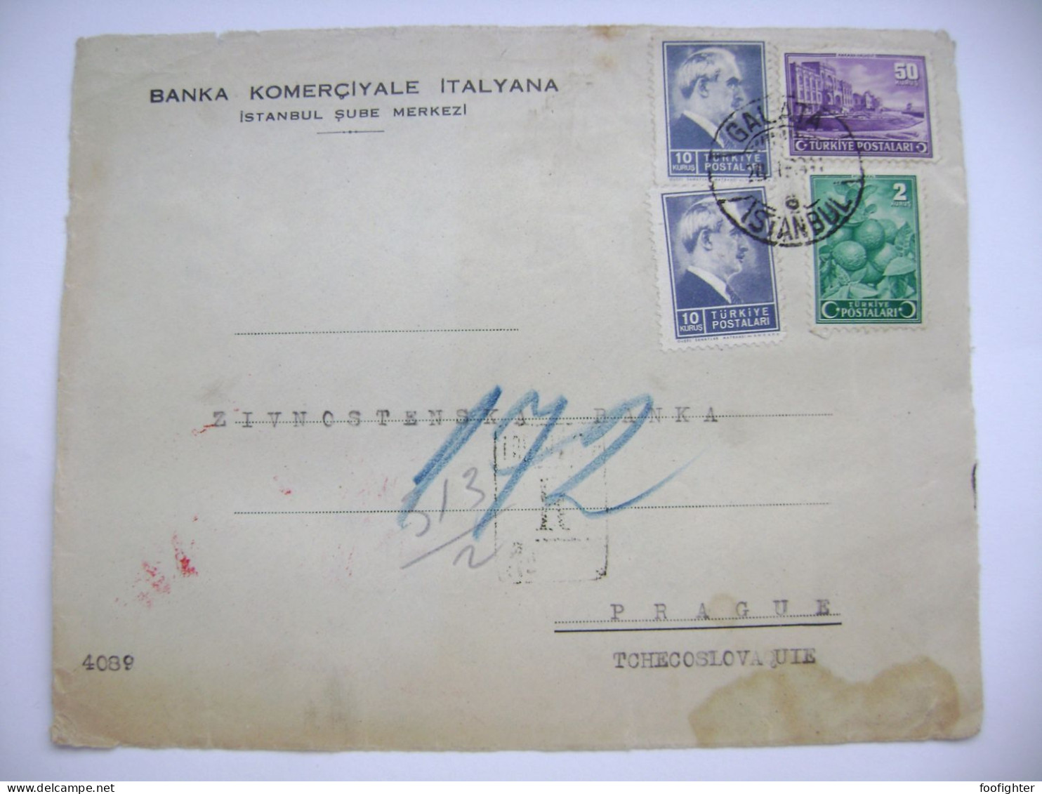 Banka Komerciale Italyana, Galata Istanbul 1940s, 2x 10 + 50 + 2 Kurus - Front Side From Cover Only - To Czechoslovakia - Brieven En Documenten