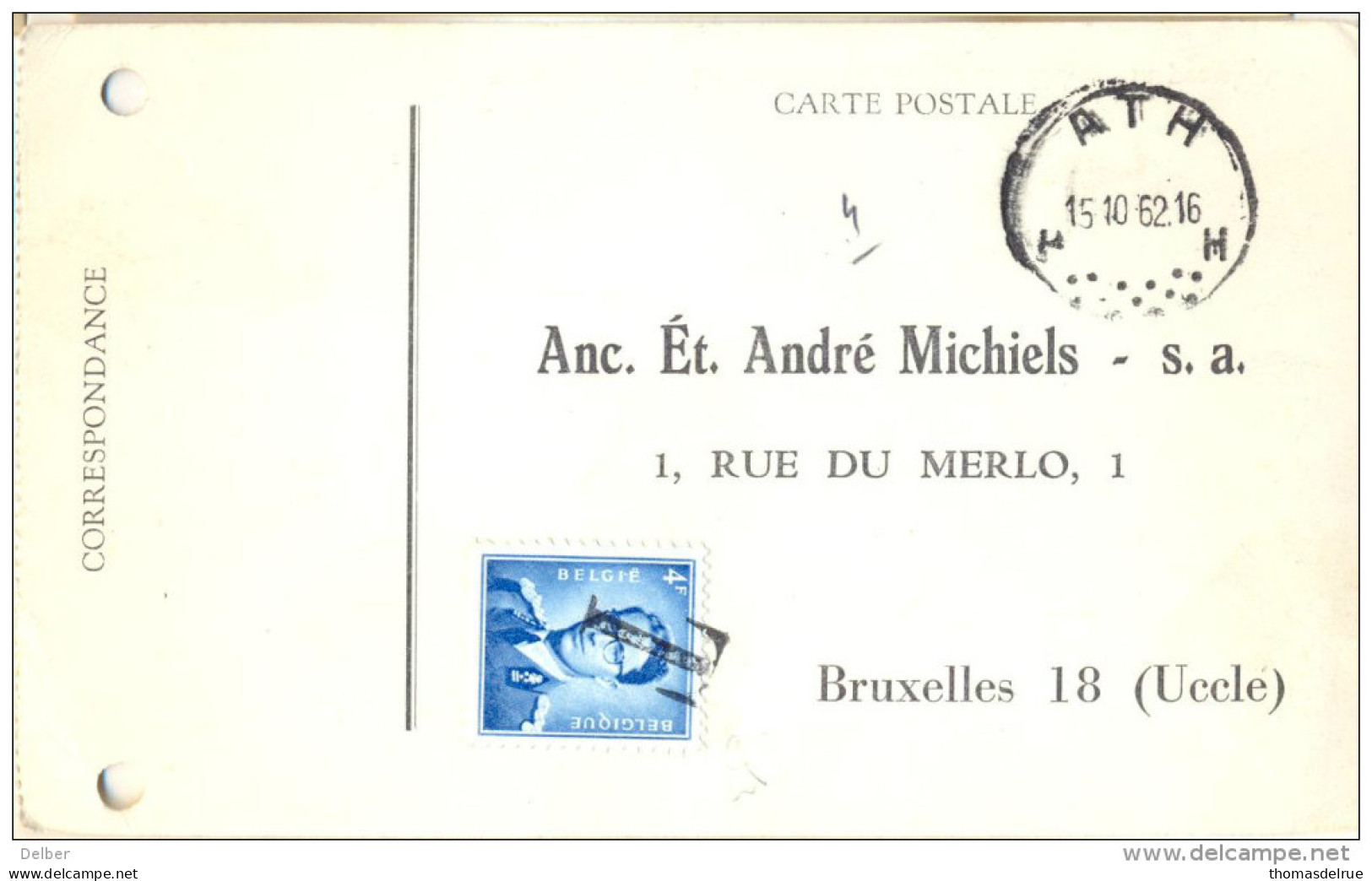 _G100: TXN° 926 Met T-stempel: -niet Gefrankeerde Postkaart Verstuurd Uit H ATH H 15.10.62 > Bruxelles 18 - Brieven En Documenten