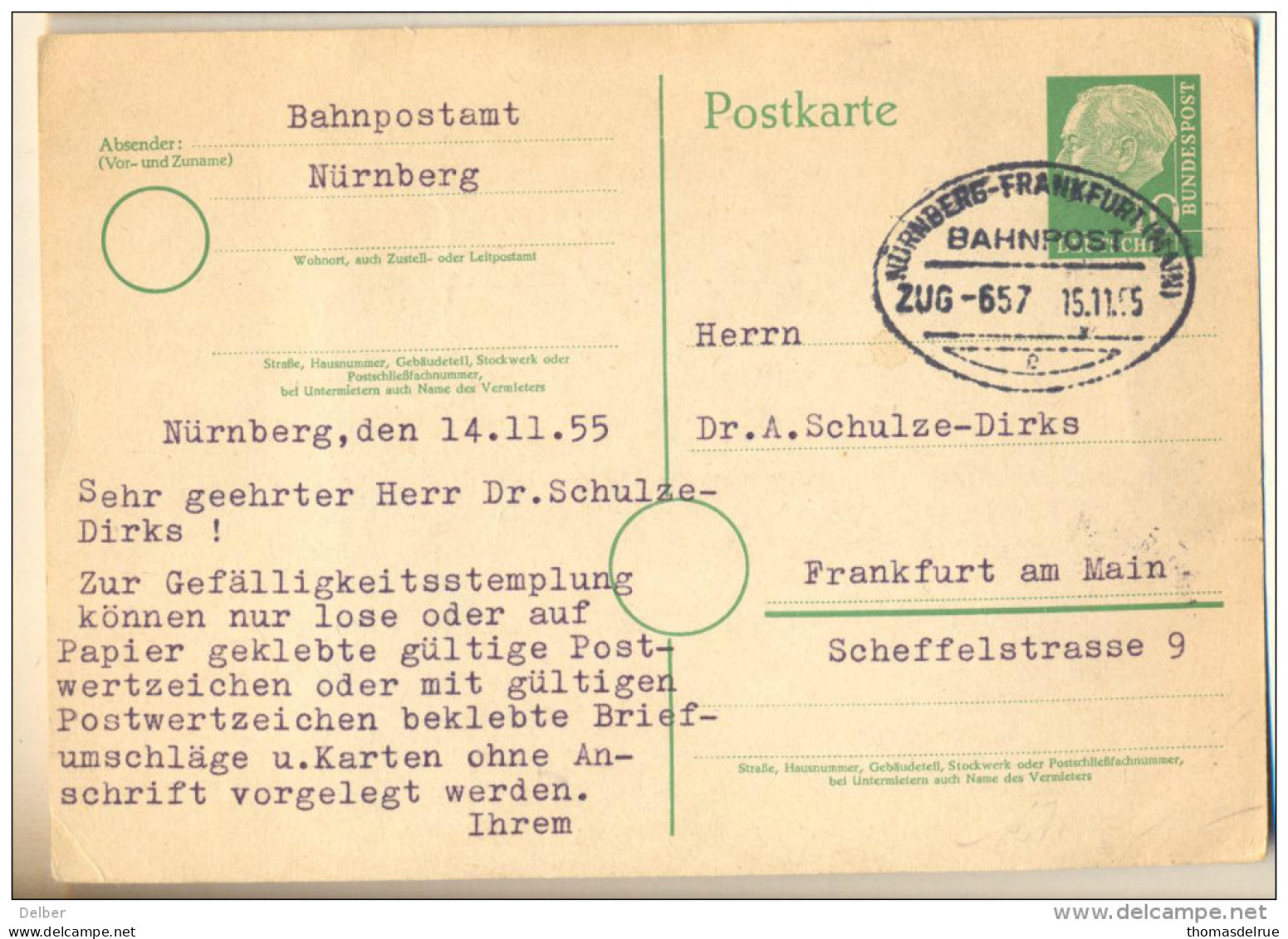 4v976: BAHNPOST  NÜRENBERG -FRANKFURT(MAIN) ZUG - 657   15.11.55 >  Frankfurt... - Postcards - Used