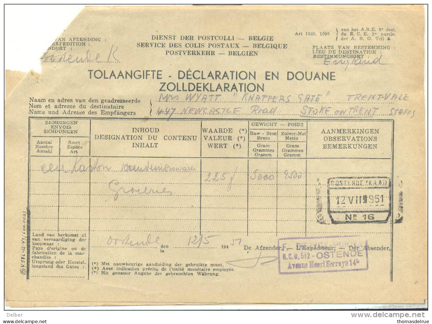 _Vb960: D.C.1812 (C.P.2) :N° 789: OOSTENDE KAAI//Nr 16 12 VIII []9 51: Ingetrokken Zending+goed Terug Betalen+douane... - Andere & Zonder Classificatie