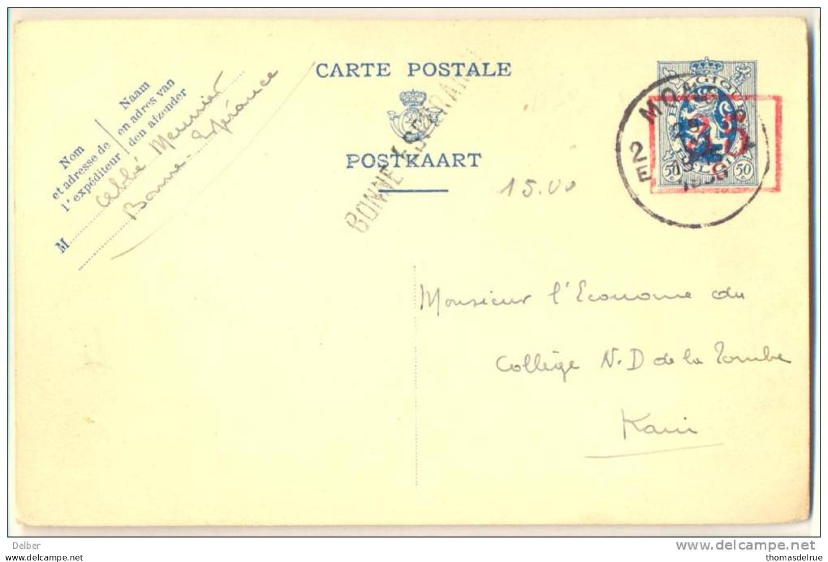 _2n791:  BONNE ESPERANCE > 2E MONS 2 /  CARTE POSTALE POSTKAART.: 35 C Op 50ct - Balkenstempel: Bahnpoststempel