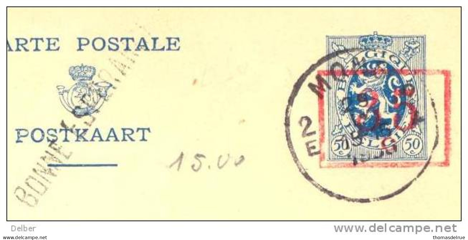 _2n791:  BONNE ESPERANCE > 2E MONS 2 /  CARTE POSTALE POSTKAART.: 35 C Op 50ct - Balkstempels: Spoorweg & Landelijke