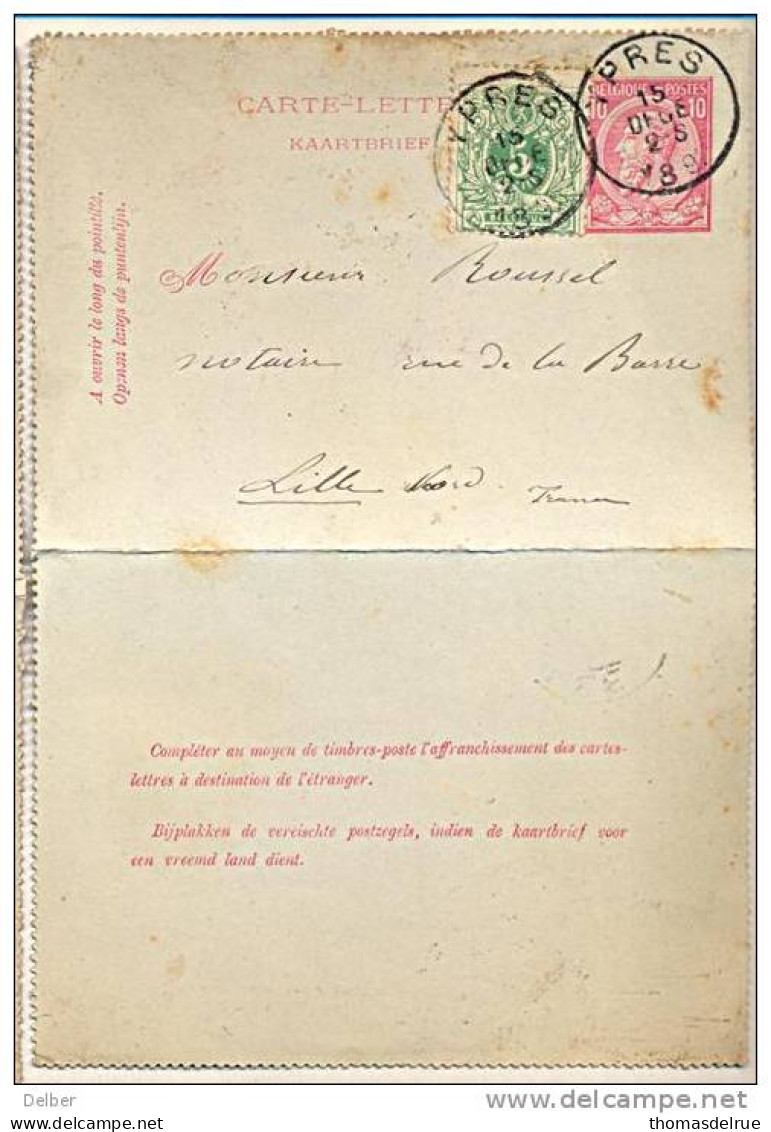 _2n762:  10ct  + Bijfrankering: 5ct: N° 45: Grenstarief : YPRES > Lille - Cartes-lettres