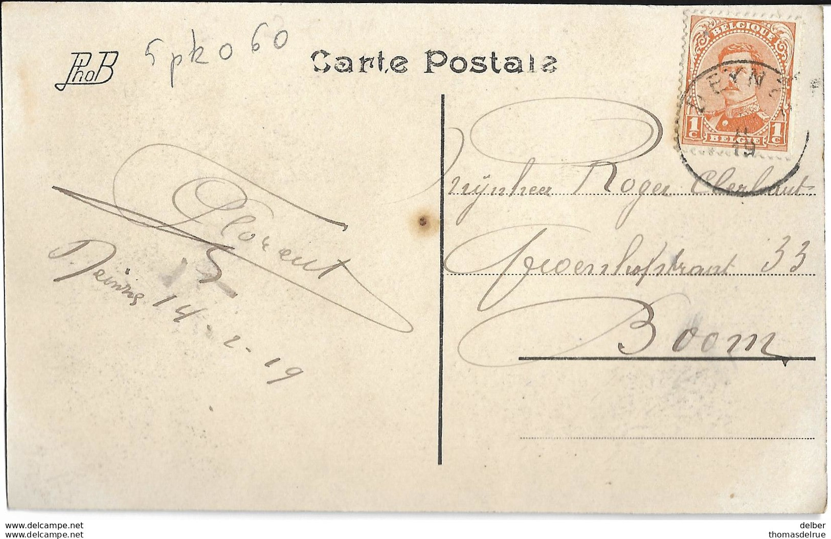 5Pk-060: N°135:DEYNZE19 II 19 ___ :noodstempel: Geen Uur> Boom: Pk:.général Leman, L'hécïgue Défence De Liège - Noodstempels (1919)