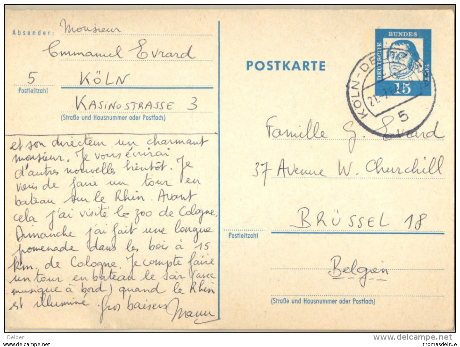 1p293: P79 ( 15 Pf : Inland) : KÖLN-DEUTZ BPA 5 > Brüssel Belgien 21-7-64 - Postcards - Used