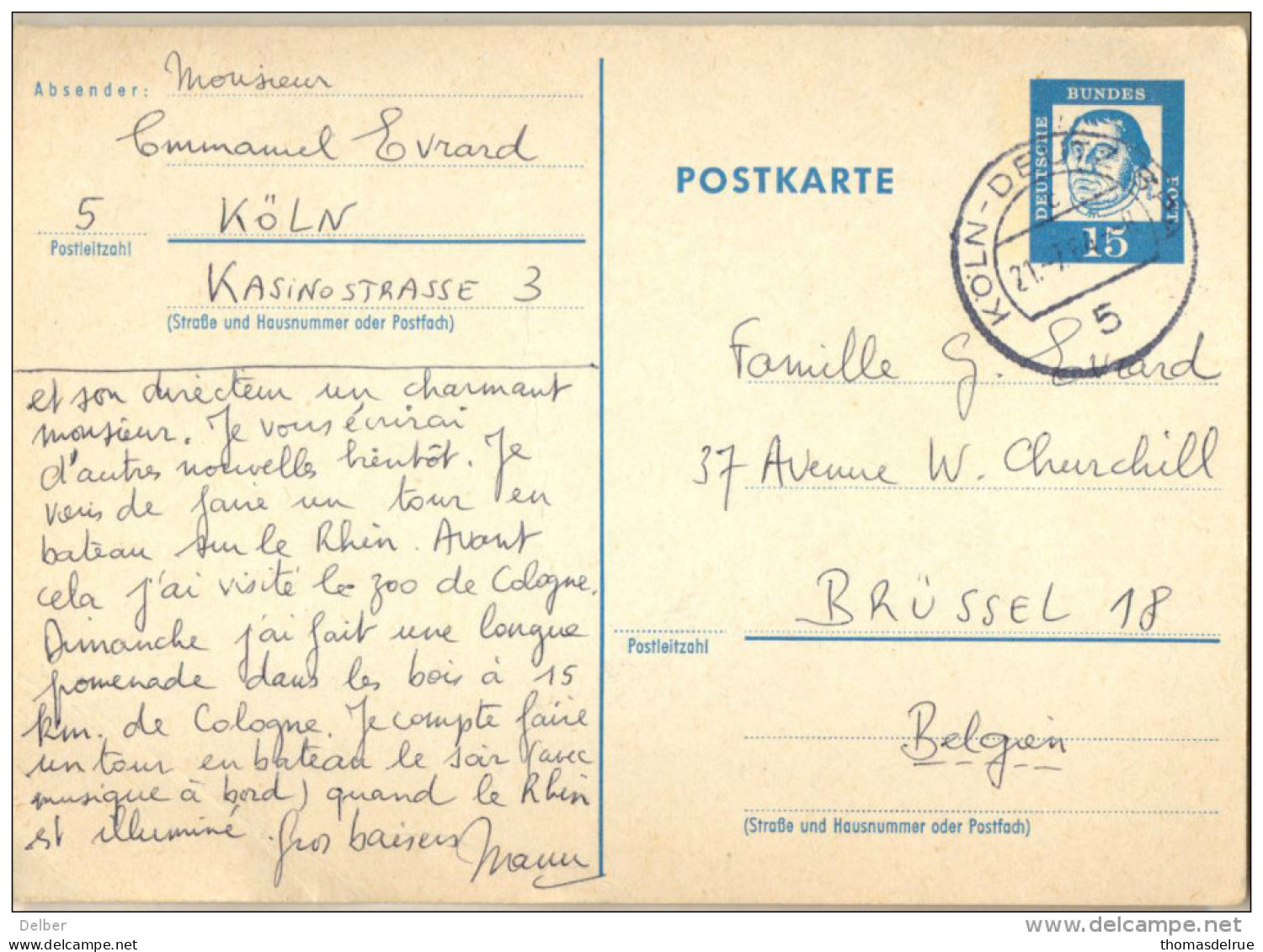 1p293: P79 ( 15 Pf : Inland) : KÖLN-DEUTZ BPA 5 > Brüssel Belgien 21-7-64 - Cartes Postales - Oblitérées