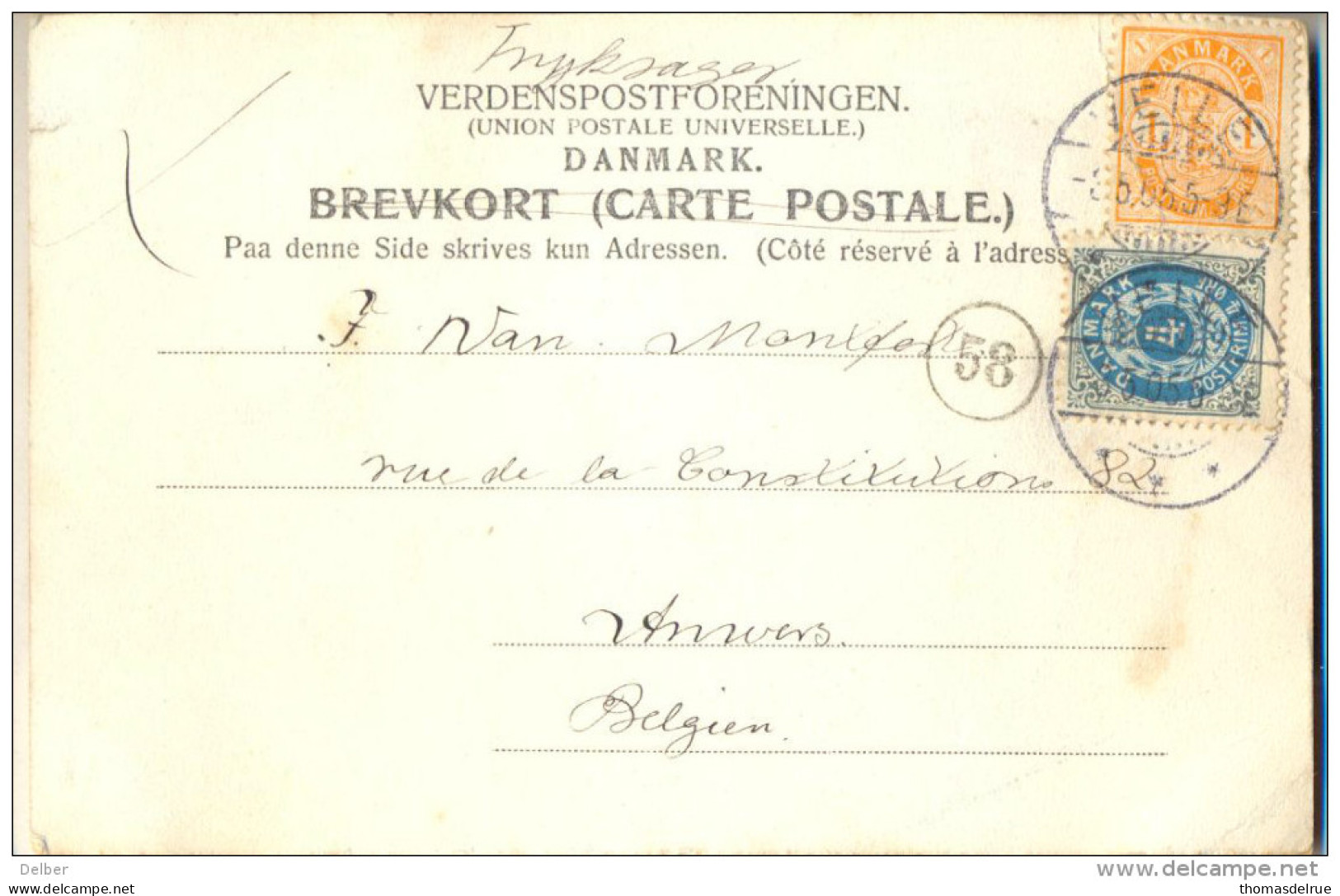 _4Cp-576:N°23+38: VEILE -8.5.05.5-9 E/ Carte Postale: Hilsen Fra Munkebjerg (Vejle) Hotellet  >Antwerpen  BE - Lettres & Documents