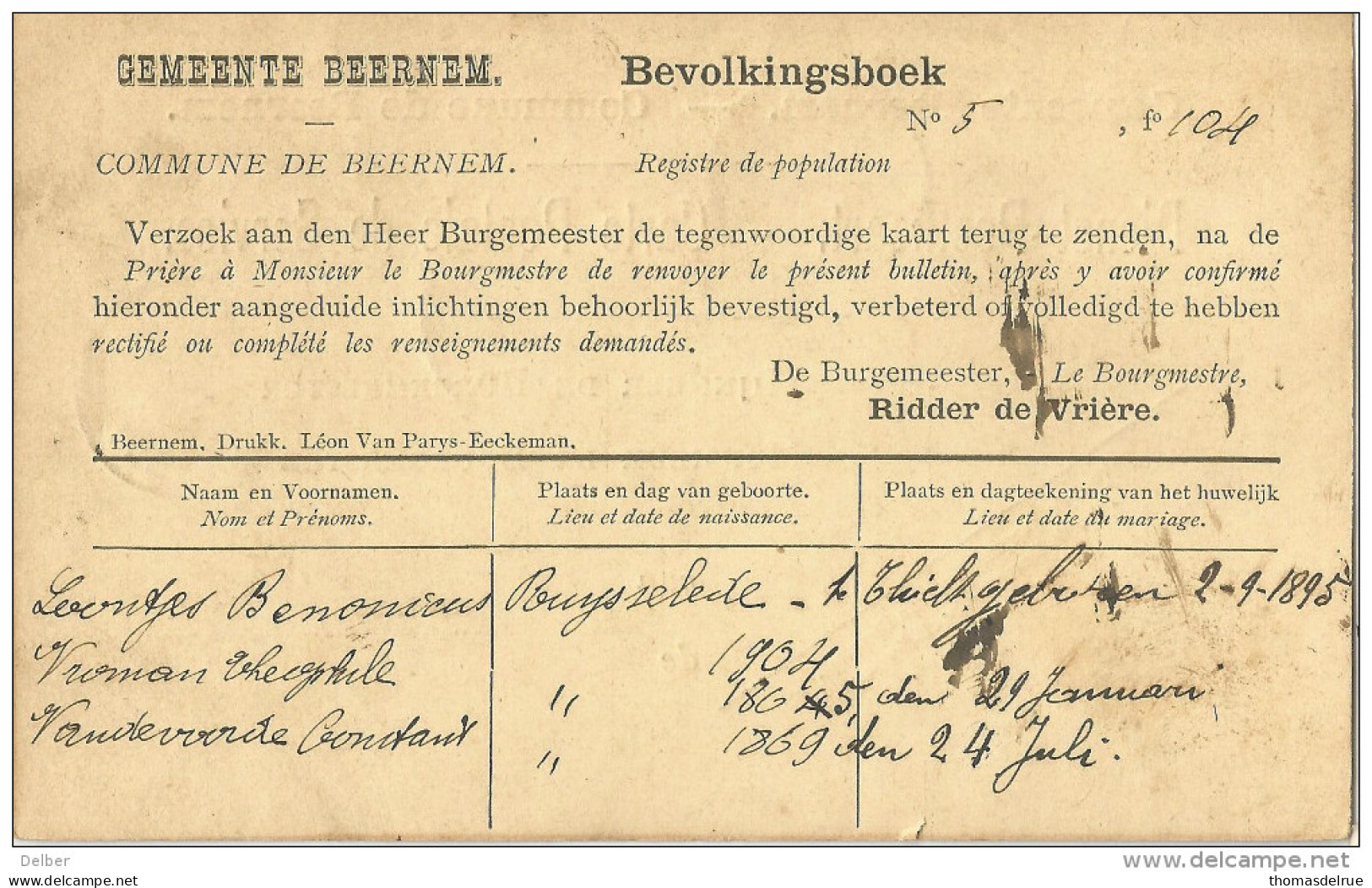 _5pk-190: DIENST-POSTKAART: BEERNEM (type E18)> - Zonder Portkosten