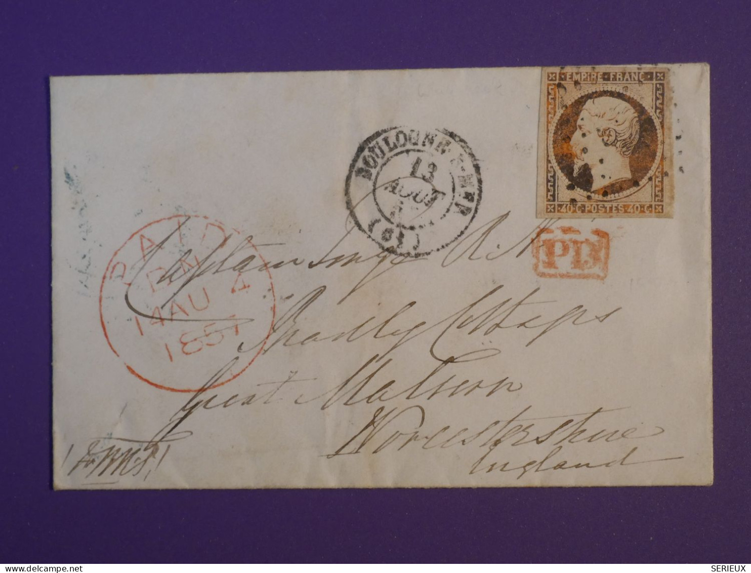 BZ0  FRANCE  BELLE LETTRE EN PORT   1856 BOULOGNE   A  NORTHENSHIRE  ENGLAND  + NAPOLEON 40C +AFF. INTERESSANT + - 1849-1876: Periodo Classico