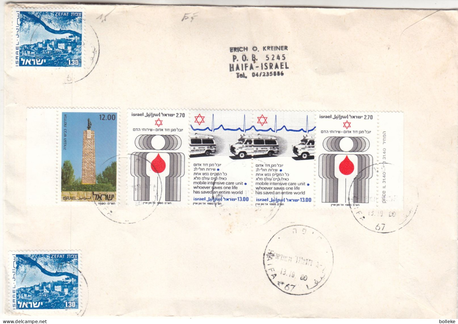 Israël - Lettre Recom De 1980 ° - GF - Oblit Haifa - Exposition Haifa 80 - Voiliers - Croix Rouge  ? - - Briefe U. Dokumente