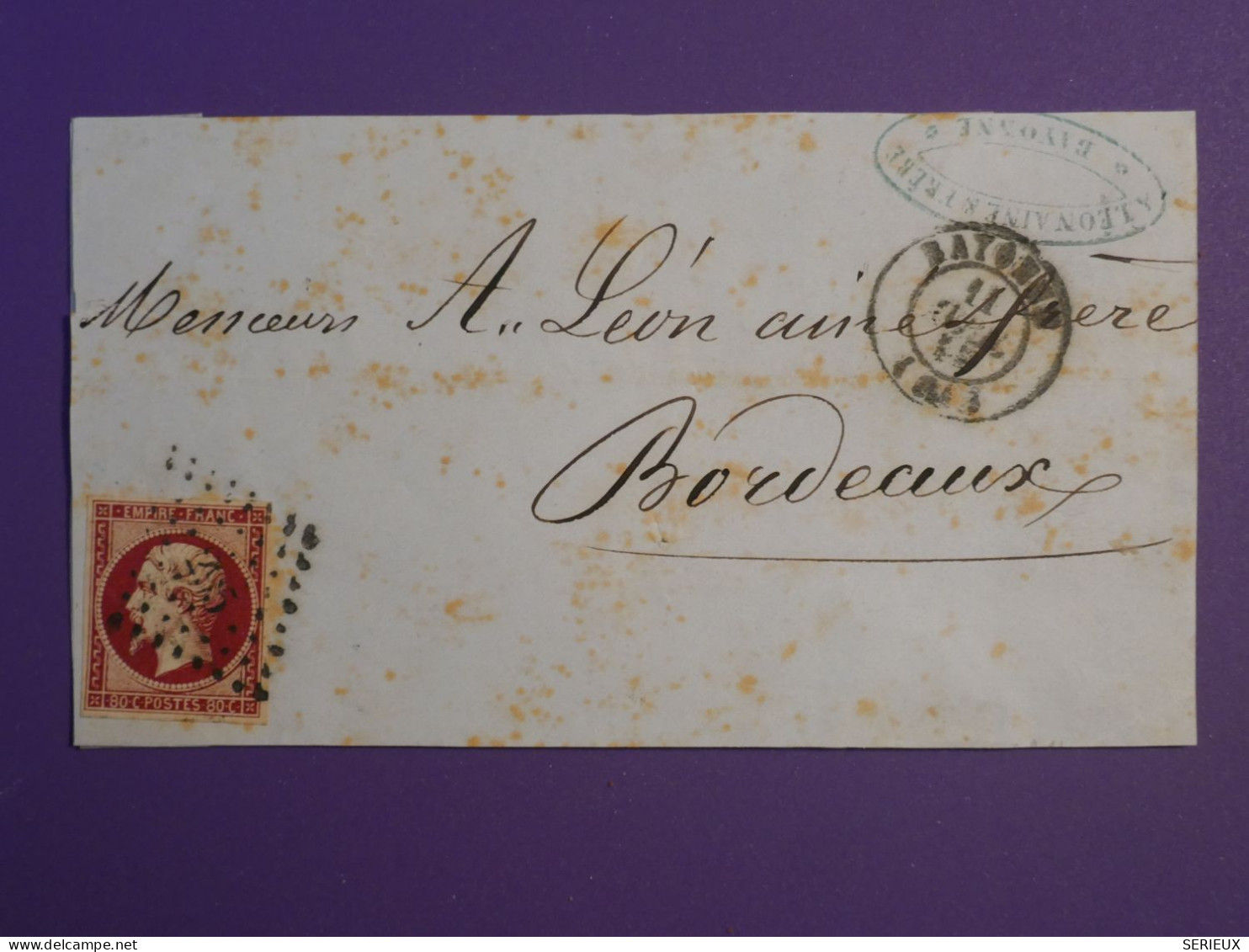 BZ0  FRANCE  SUR LETTRE  1857 BAYONNE     A    BORDEAUX    + NAPOLEON 80C +AFF. INTERESSANT + - 1849-1876: Classic Period