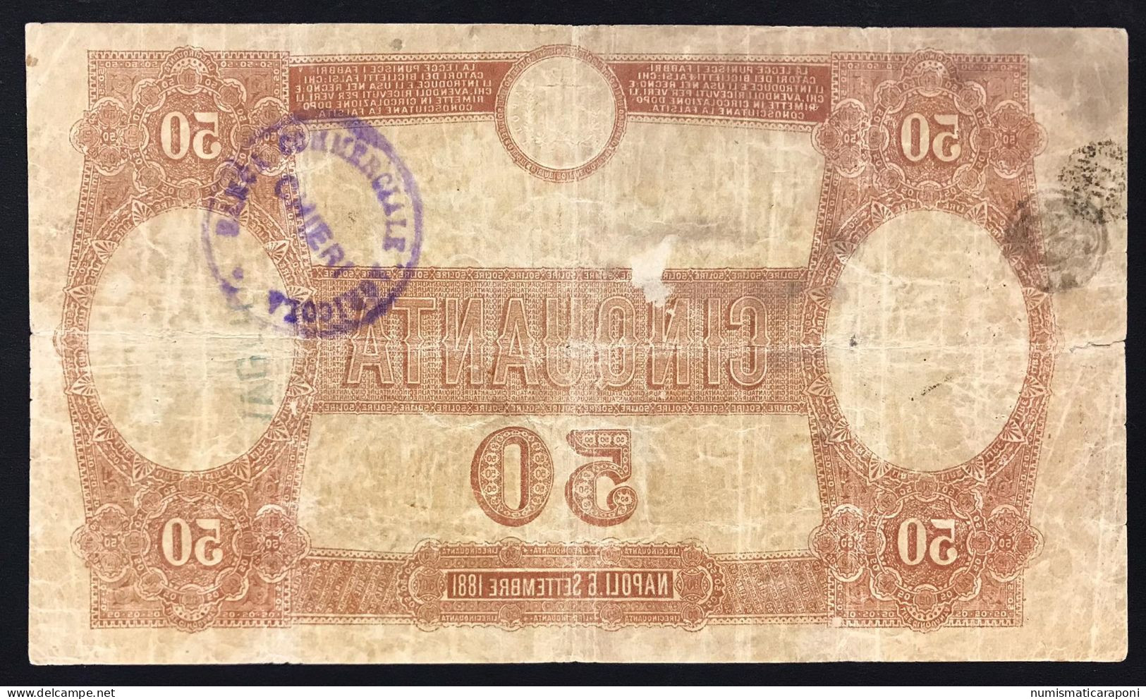 Banco Di Napoli 50 Lire AL PORTATORE 06/09/1881 Galileo Manna R2 Pignataro - Ferraro Timbro E Leggera Spellatura 3271 - Autres & Non Classés