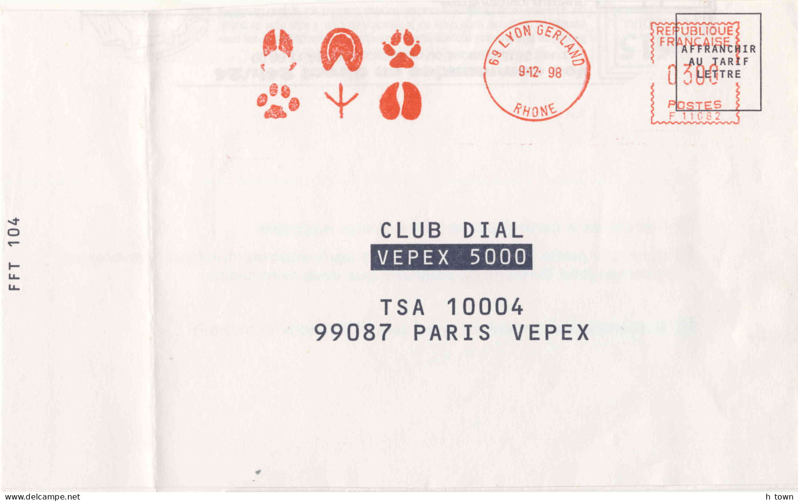 958  Empreintes D’animaux, Chien, Chat: Ema De Lyon, 1998 - Animal Tracks, Cat, Dog, Bird On Meter Stamp From France - Otros & Sin Clasificación