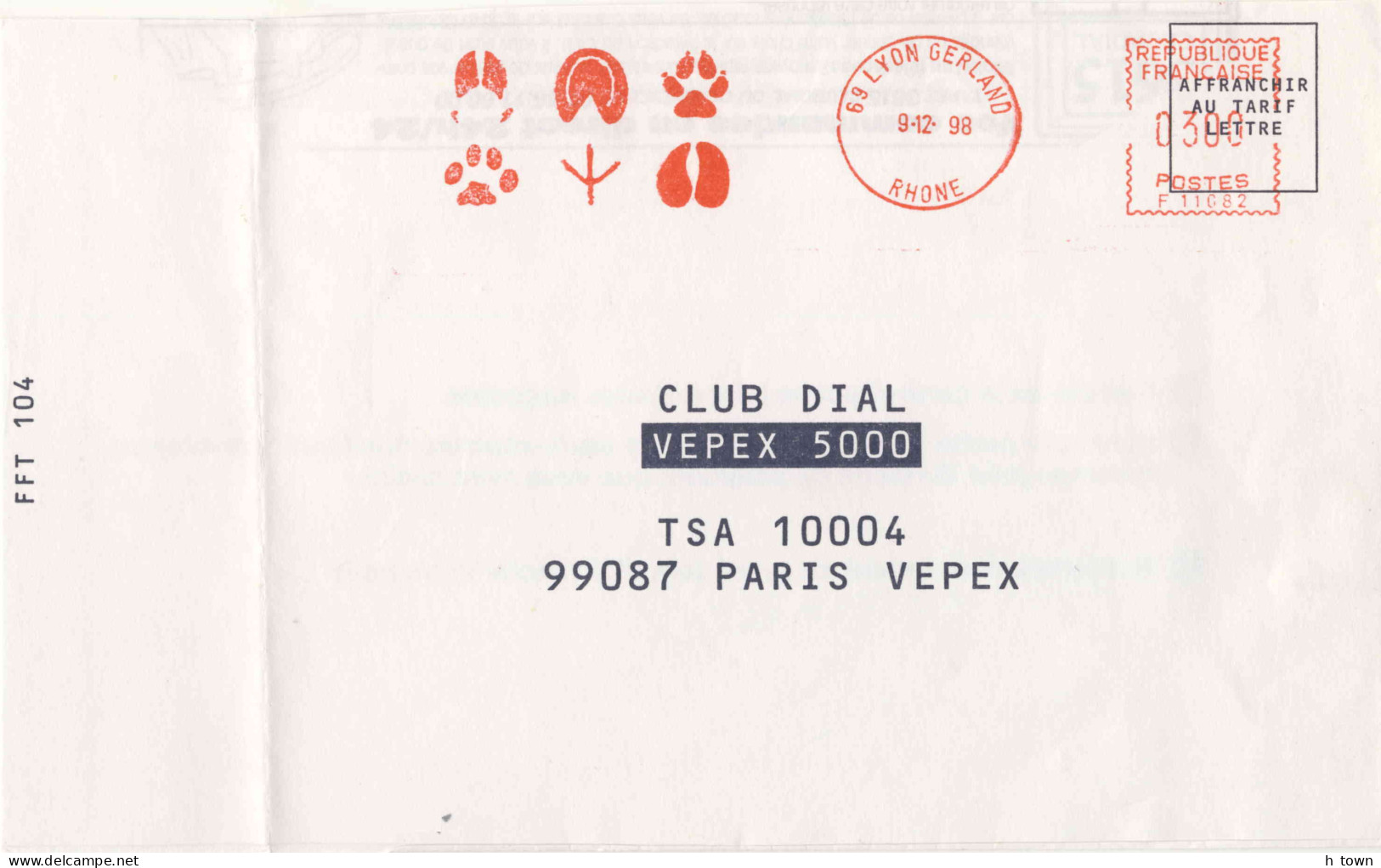 958  Empreintes D’animaux, Chien, Chat: Ema De Lyon, 1998 - Animal Tracks, Cat, Dog, Bird On Meter Stamp From France - Autres & Non Classés