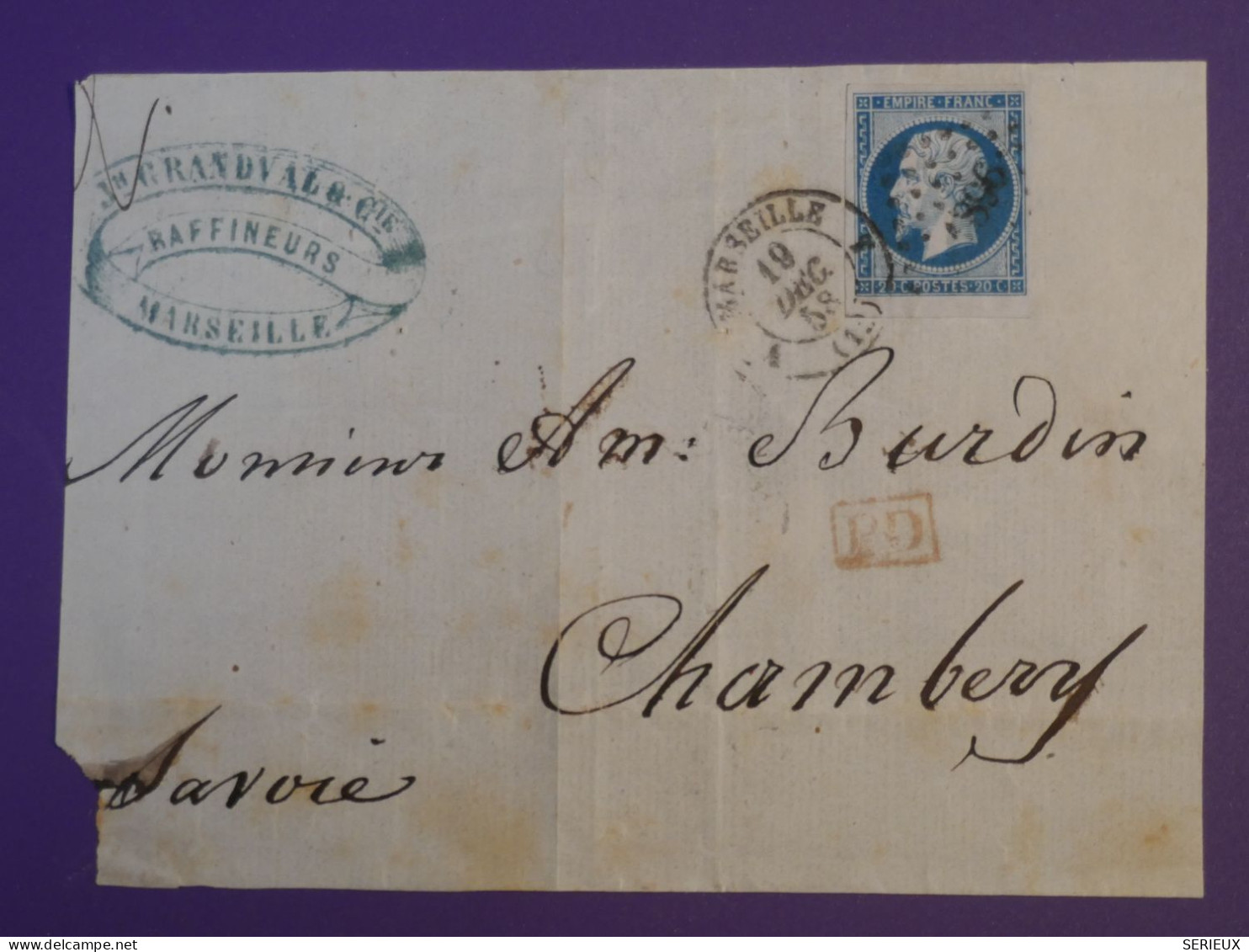 BZ0  FRANCE   LETTRE  DEVANT 1858  MARSEILLE A CHAMBERY + NAPOLEON 20C + AFF. INTERESSANT + - 1849-1876: Classic Period