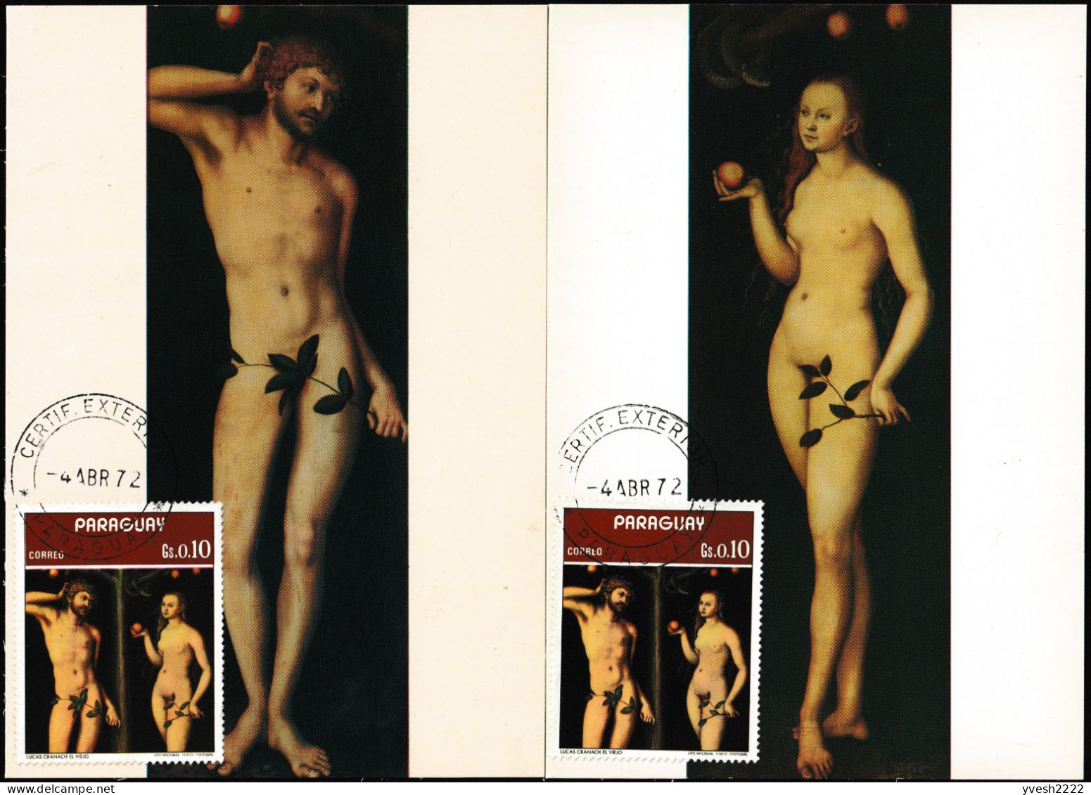 Paraguay 1973 Y&T 1286 Sur 2 CM. Peinture, Lucas Cranach. Eve Invite Adam Au Péché. Peints Avec Des Nombrils ! - Judaika, Judentum