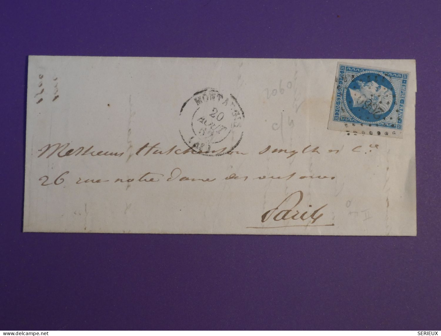 BZ0  FRANCE   LETTRE  1857 MONTARGIS A PARIS + NAPOLEON N°14 20C BORD DE FEUILLE + AFF. INTERESSANT + - 1849-1876: Période Classique