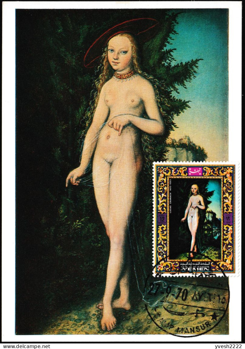 Yémen Du Nord 1970 Michel 1097 Sur CM. Peinture, Lucas Cranach. Vénus Dans Un Paysage (1529). Femme à Poil Sans Burqa - Desnudos