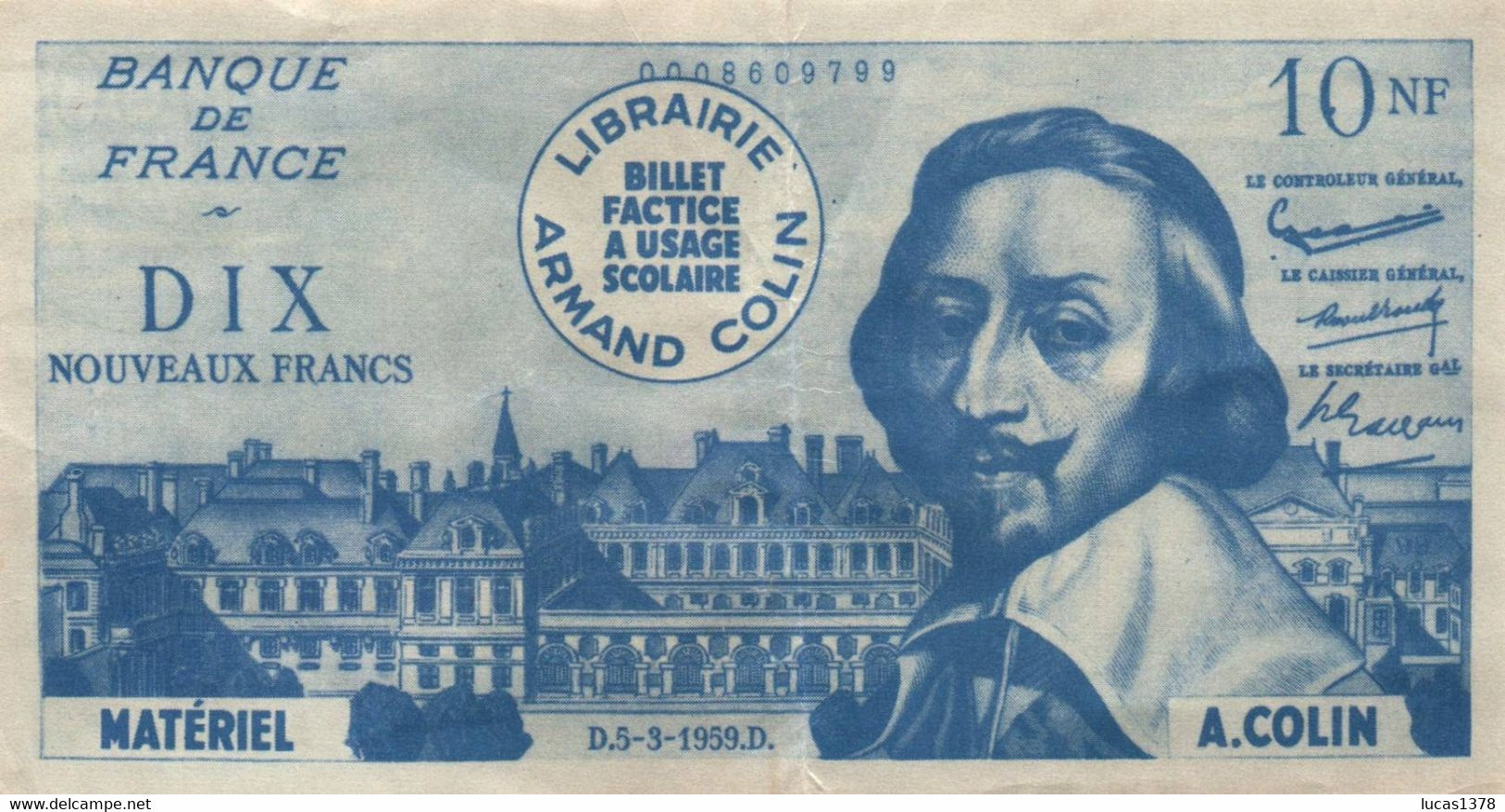 BILLET SCOLAIRE FACTICE 1000  AF 10 FRANCS RICHELIEU MATERIEL ARMAND COLIN - Specimen