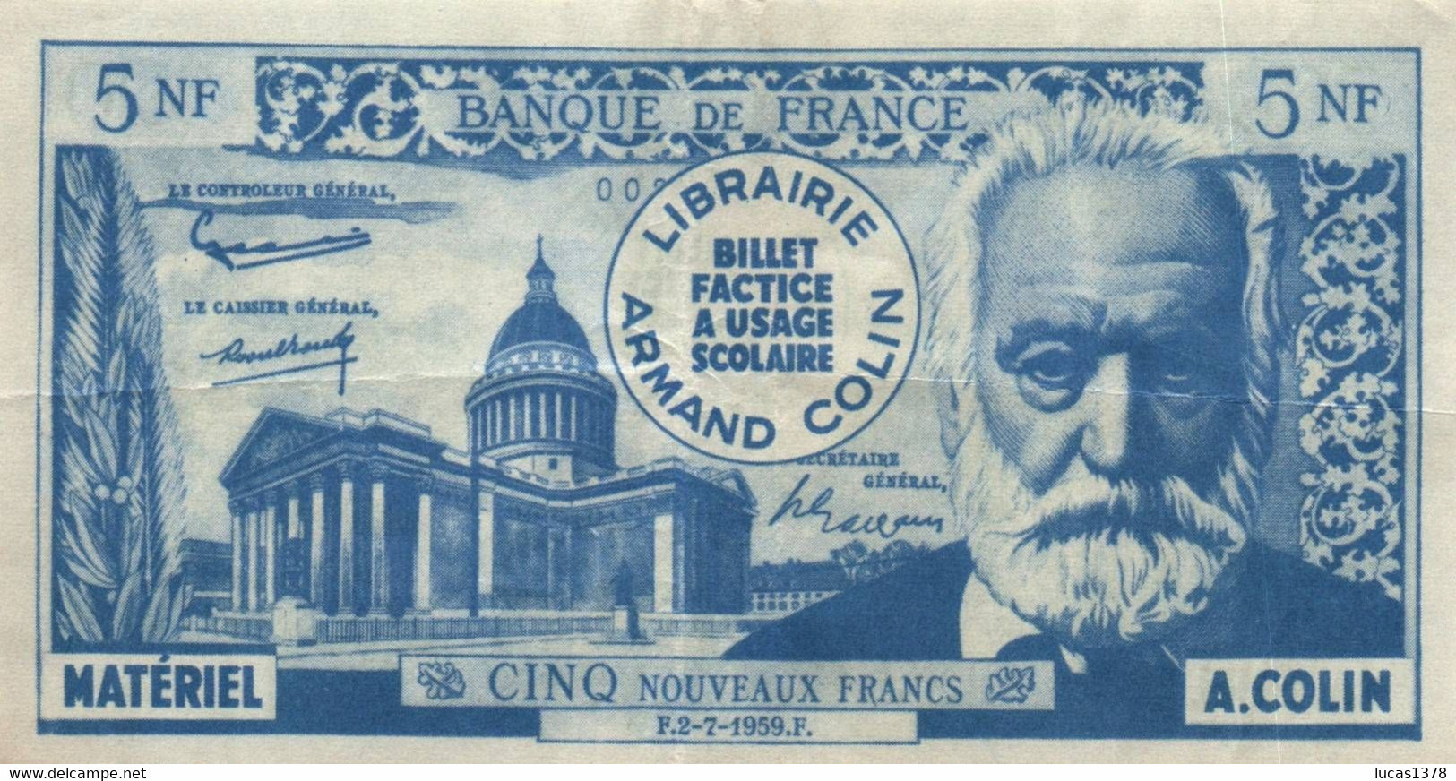 BILLET SCOLAIRE FACTICE 500 AF 5 FRANCS VICTOR HUGO MATERIEL ARMAND COLIN - Ficción & Especímenes