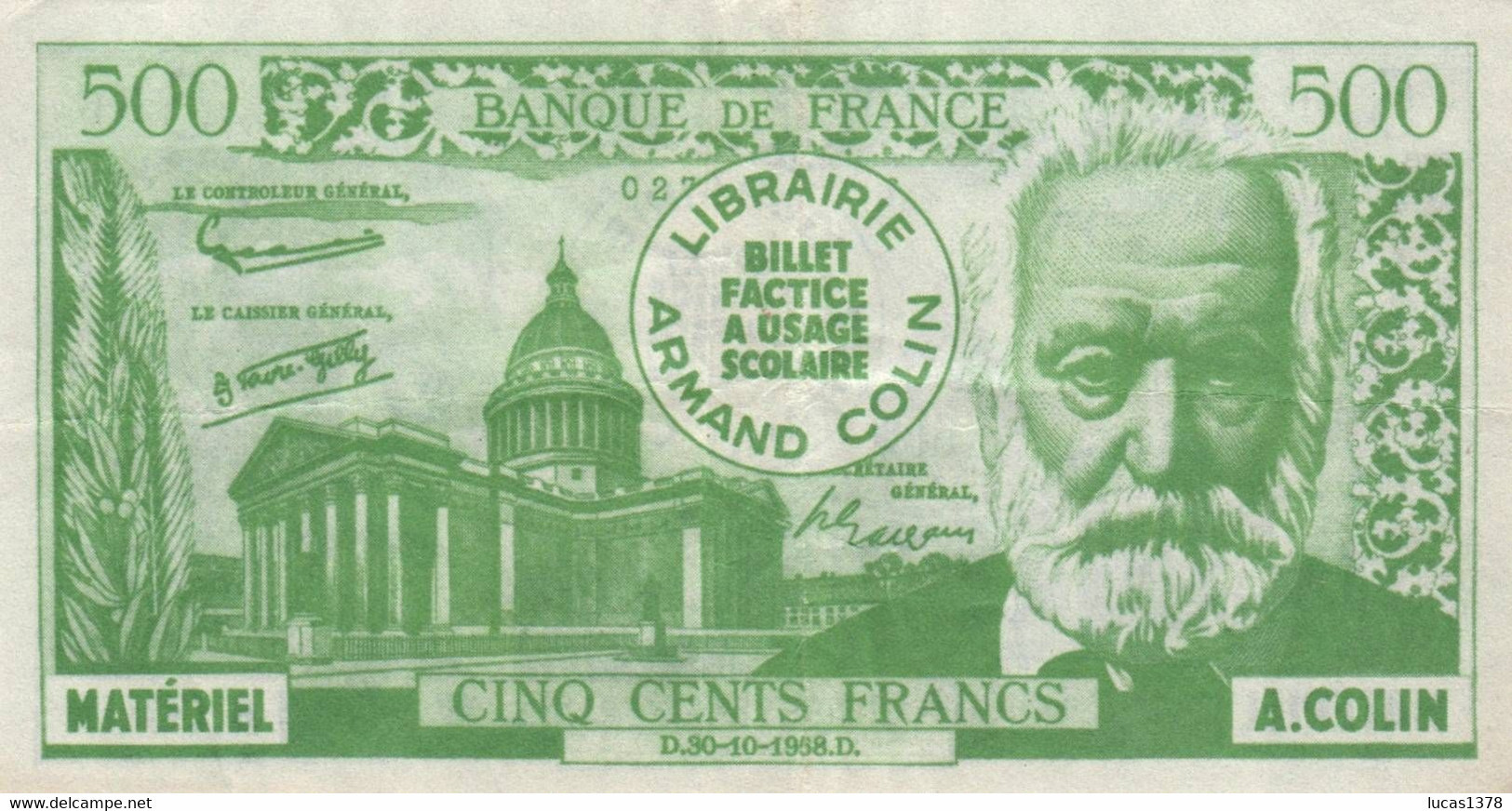 BILLET SCOLAIRE FACTICE 500 AF 5 FRANCS VICTOR HUGO MATERIEL ARMAND COLIN - Specimen