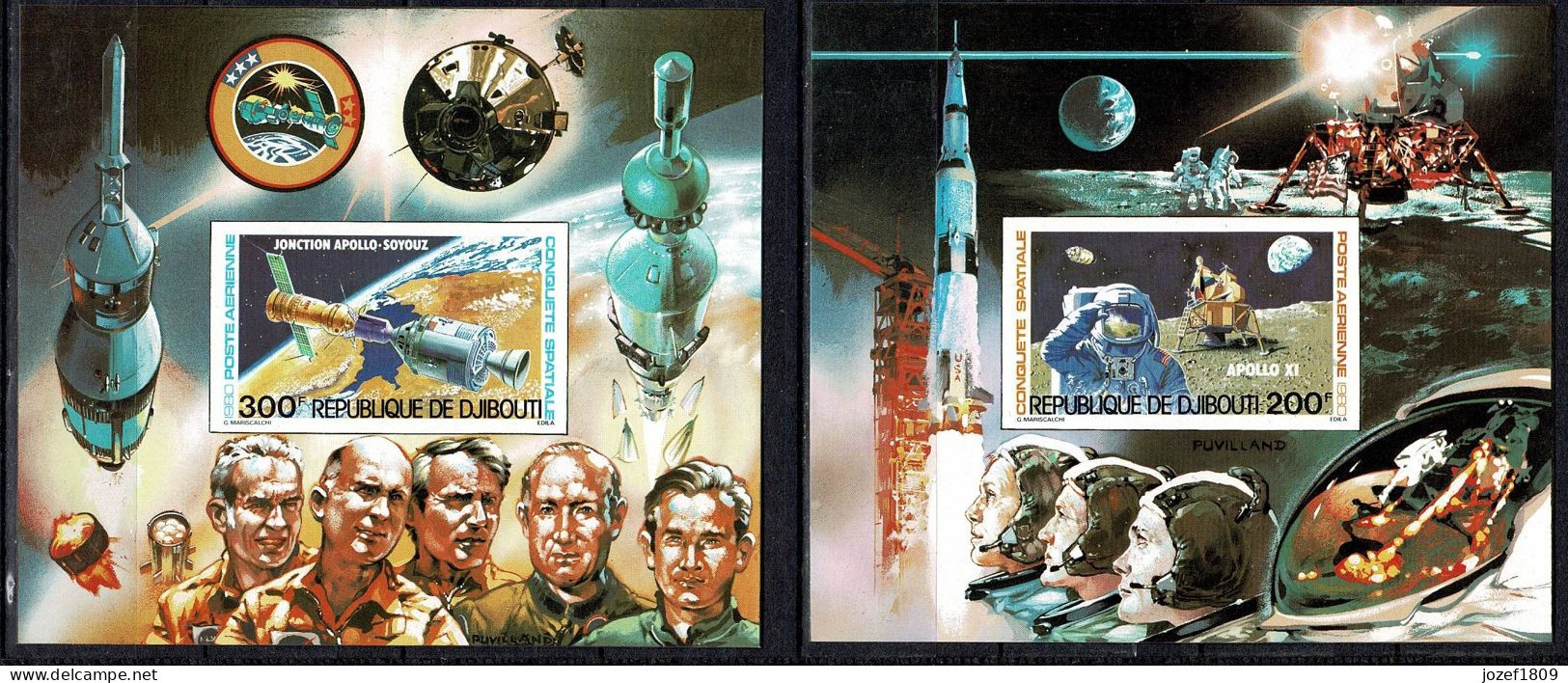 Djibouti Space 1980 10th Anniversary Apollo 11 & Apollo-Soyouz IMPERF Souvenir Sheets - Djibouti (1977-...)