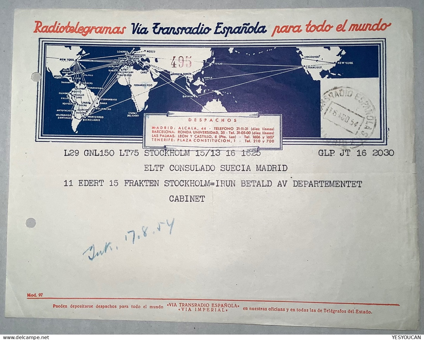 RADIOTELEGRAMAS VIA TRANSRADIO ESPAÑOLA MADRID 1954>Stockholm (Radio-telegram Telegramme Telegraphe Telegraph Spain - 1931-....