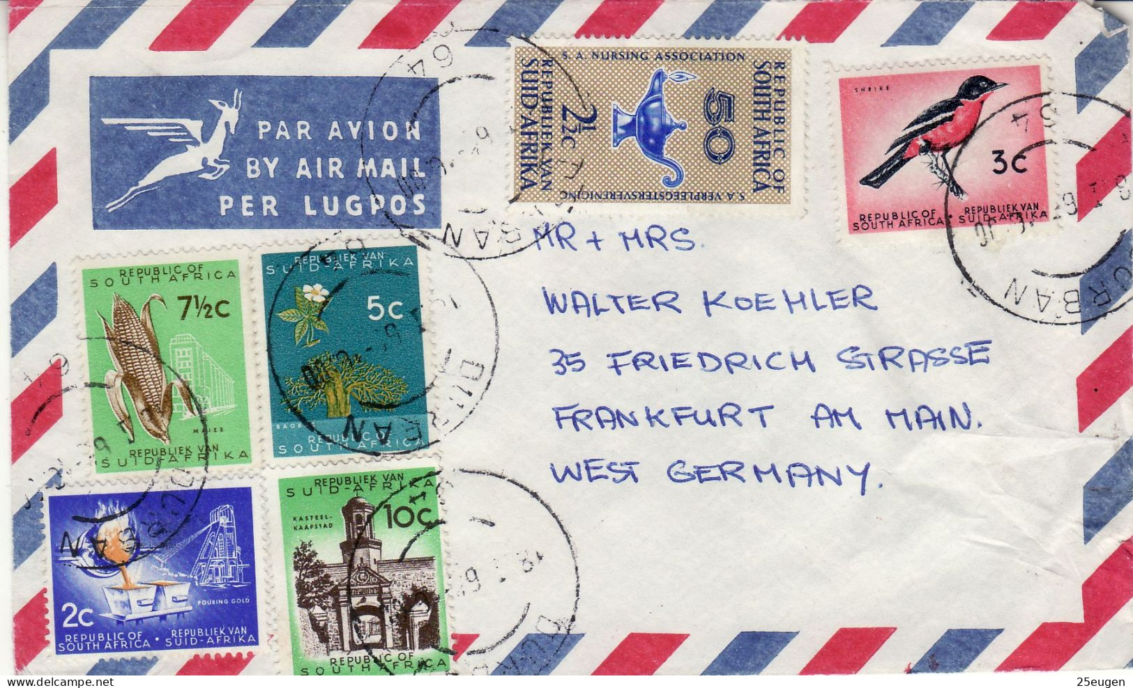 SOUTH AFRICA 1965  AIRMAIL LETTER SENT TO FRANKFURT - Brieven En Documenten