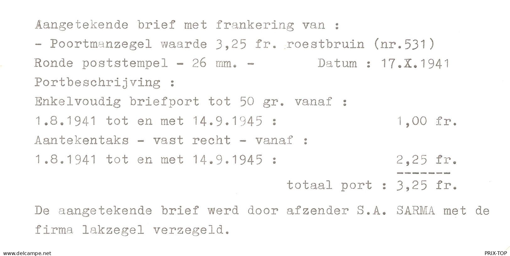 TP 531 Poortman S/Document SARMA Obl. BXL 17/10/1941 > E/V - Oorlog 40-45 (Brieven En Documenten)