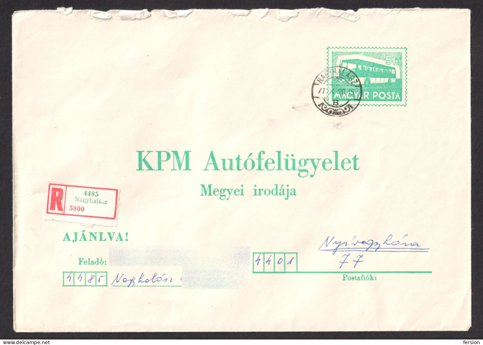 1977 HUNGARY Registered Label Vignette Cover STATIONERY IKARUS BUS AUTOBUS - NAGYHALÁSZ  NYIREGYHAZA - Bus