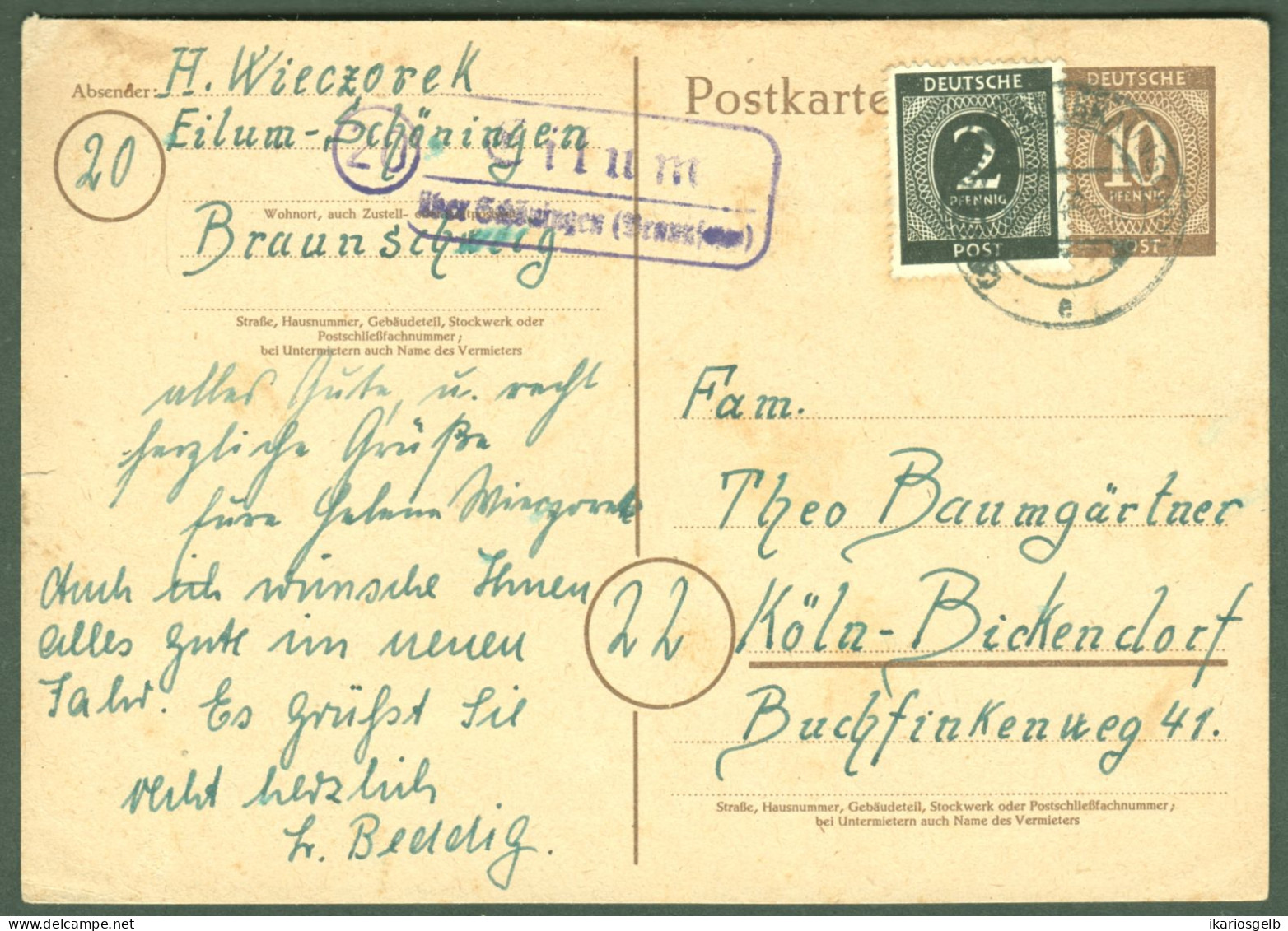 EILUM über Schöningen 1946 LANDPOSTSTEMPEL Blau 10/2Pf GANZSACHE Kontrollrat Ziffer Heimatbeleg > Bickendorf Köln - Interi Postali