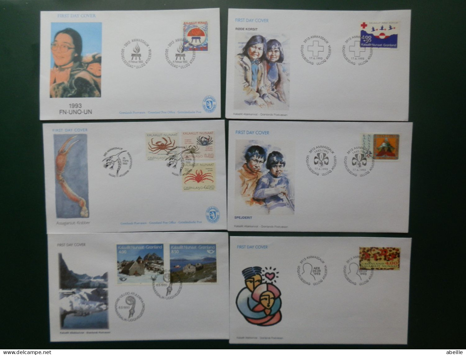 FDC GROENL./9 FDC GROENLAND ANNEE 1993 COTE YVERT TIMBRES 74.50 € NR. 218/230+BLOC 4 - FDC