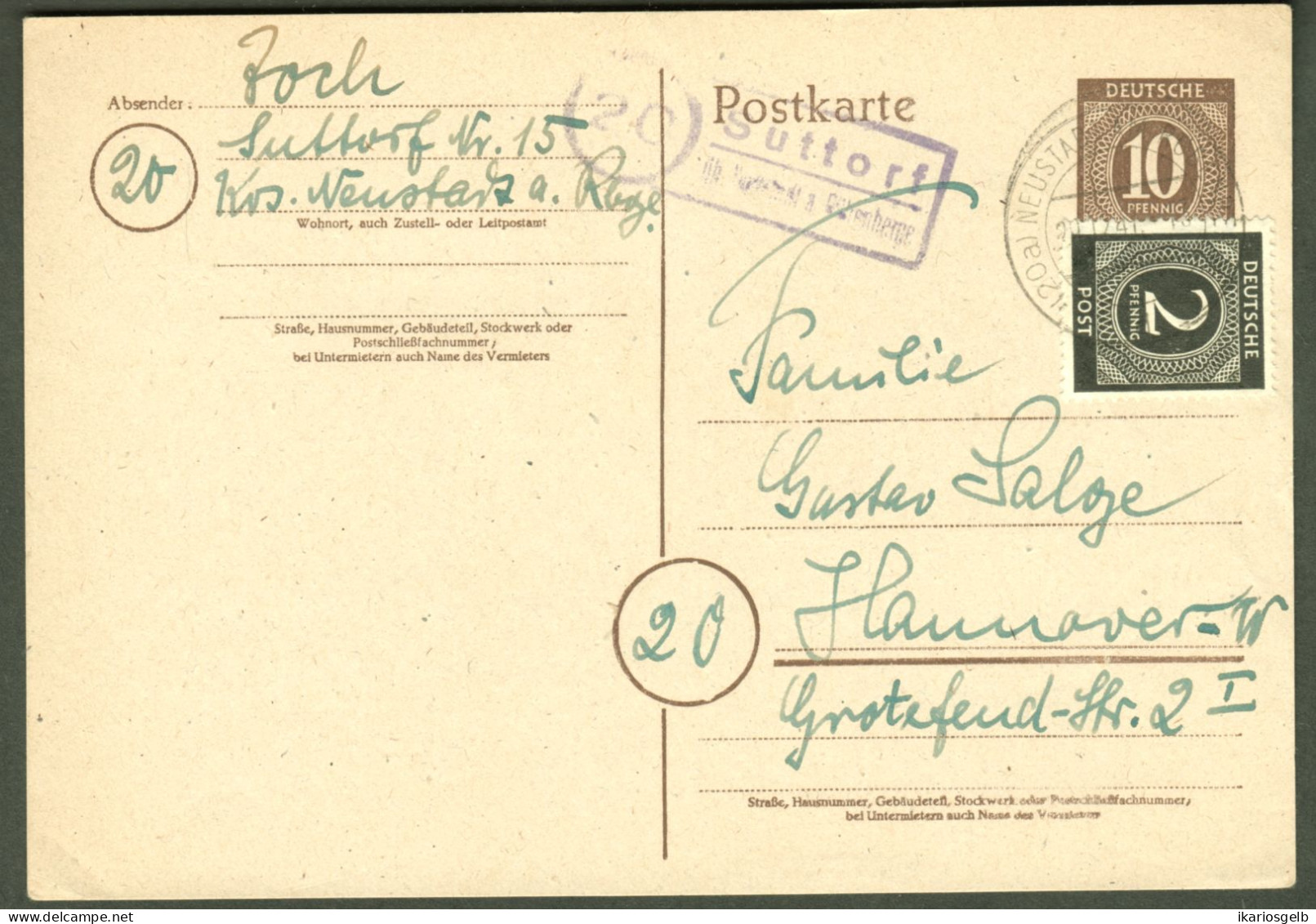 SUTTORF über Neustadt Rübenberge 1946 LANDPOSTSTEMPEL Blau 10/2Pf GANZSACHE Kontrollrat Ziffer Heimatbeleg > Hannover - Postwaardestukken