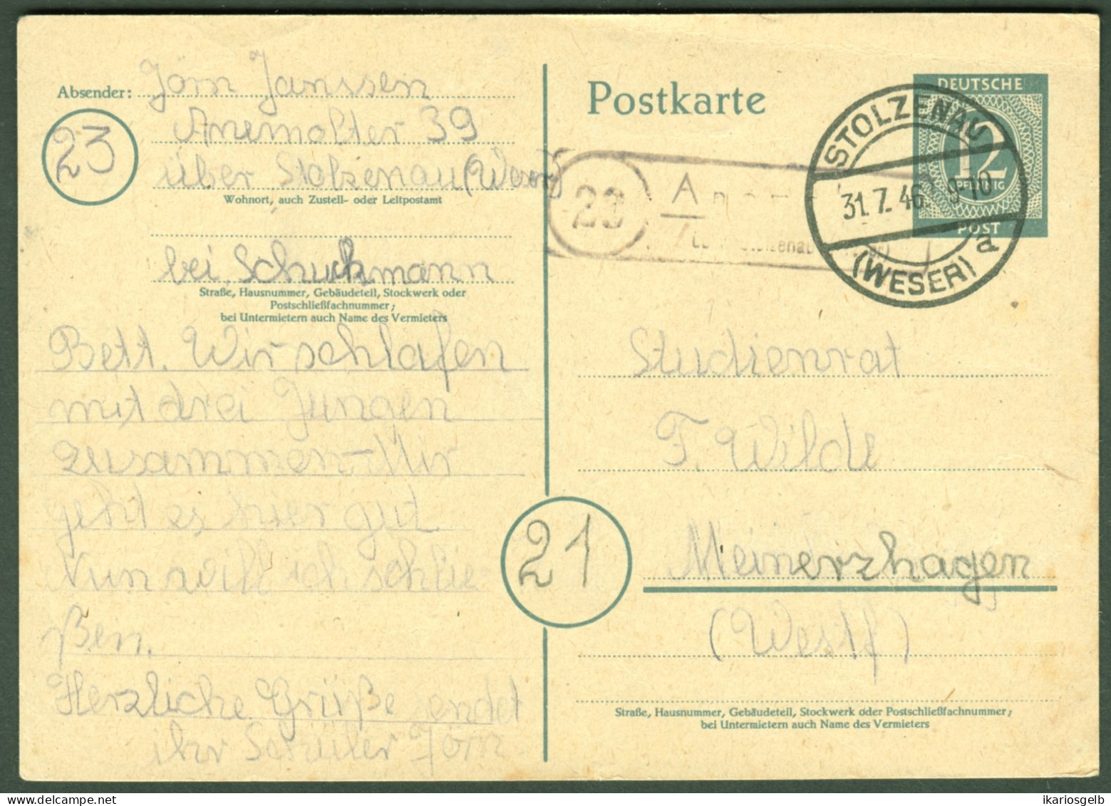 ANEMOLTER über Stolzenau 1946 LANDPOSTSTEMPEL Blau 12Pf GANZSACHE Kontrollrat Ziffer Heimatbeleg > Meinerzhagen - Enteros Postales