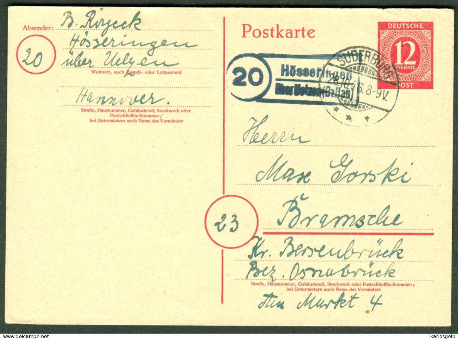 HÖSSERINGEN über Uelzen 1946 LANDPOSTSTEMPEL Blau 12Pf GANZSACHE Kontrollrat Ziffer Heimatbeleg > Bramsche Bersenbrück - Postwaardestukken