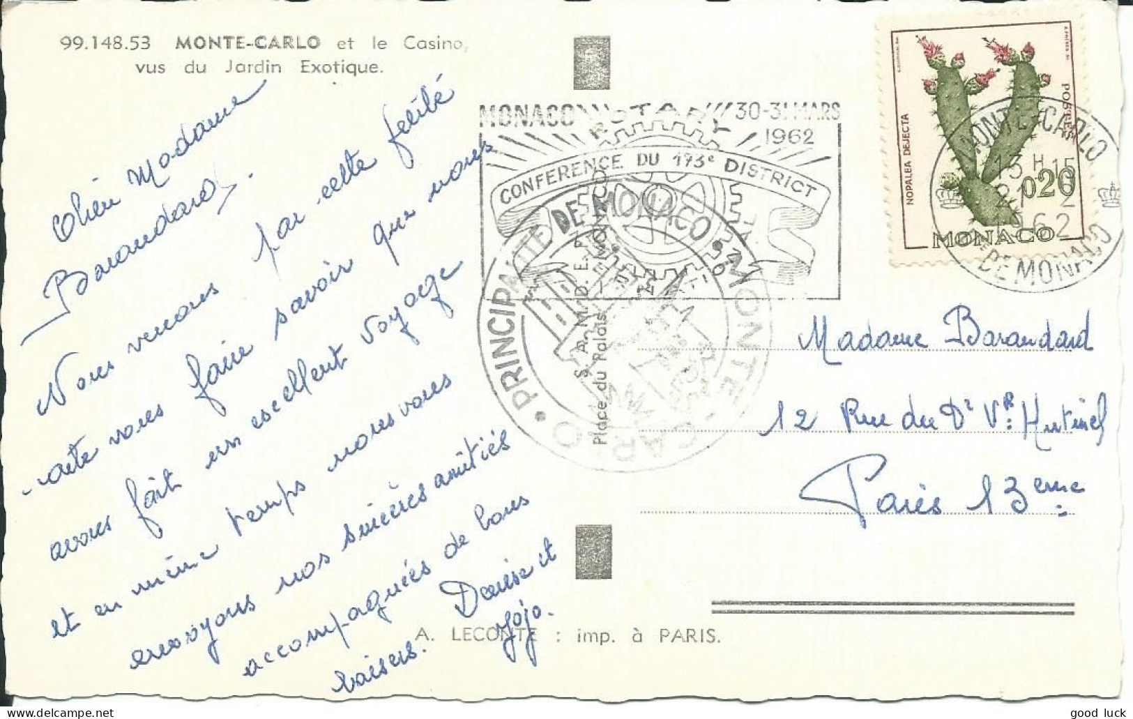 MONACO CARTE 20c MONTE CARLO POUR PARIS DE 1962 LETTRE COVER - Brieven En Documenten